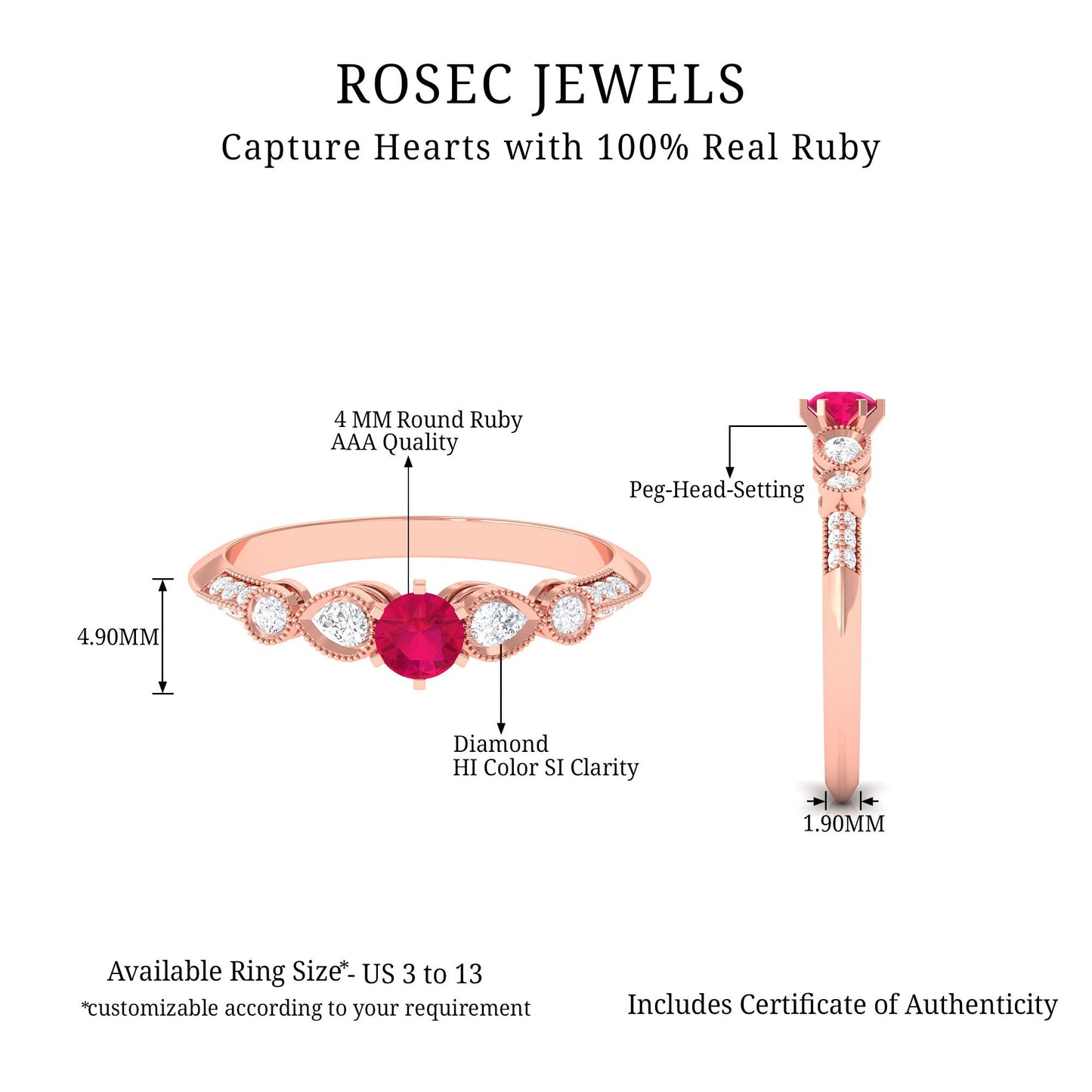 Genuine Ruby Vintage Inspired Engagement Ring with Diamond