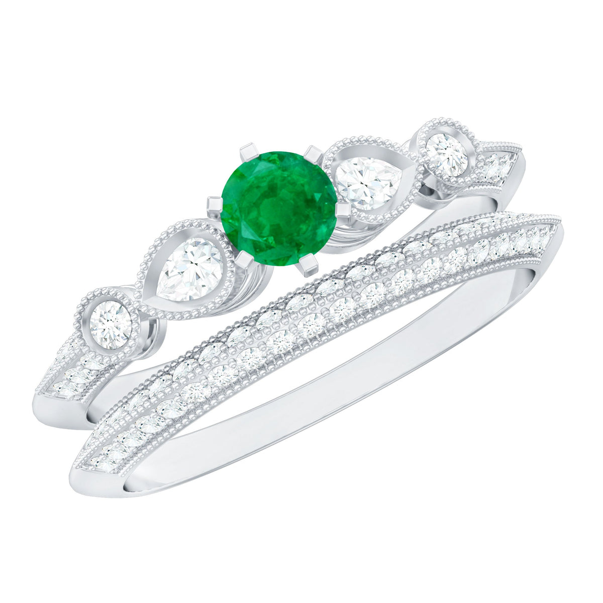 Vintage Emerald and Diamond Bridal Ring Set with Matching Wedding Band