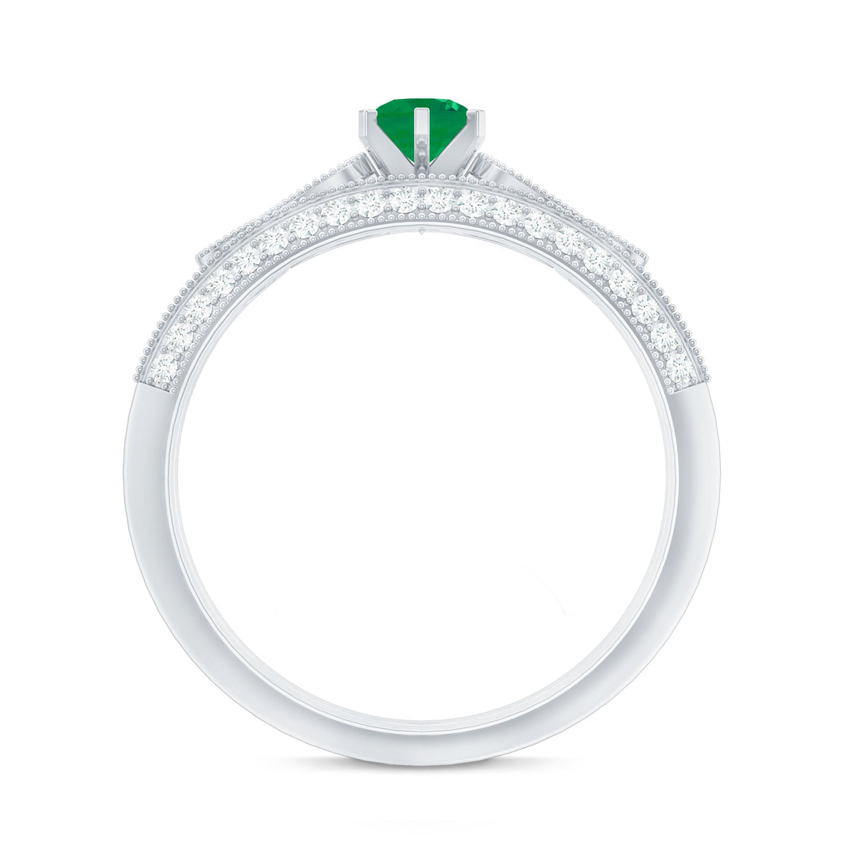 Vintage Emerald and Diamond Bridal Ring Set with Matching Wedding Band
