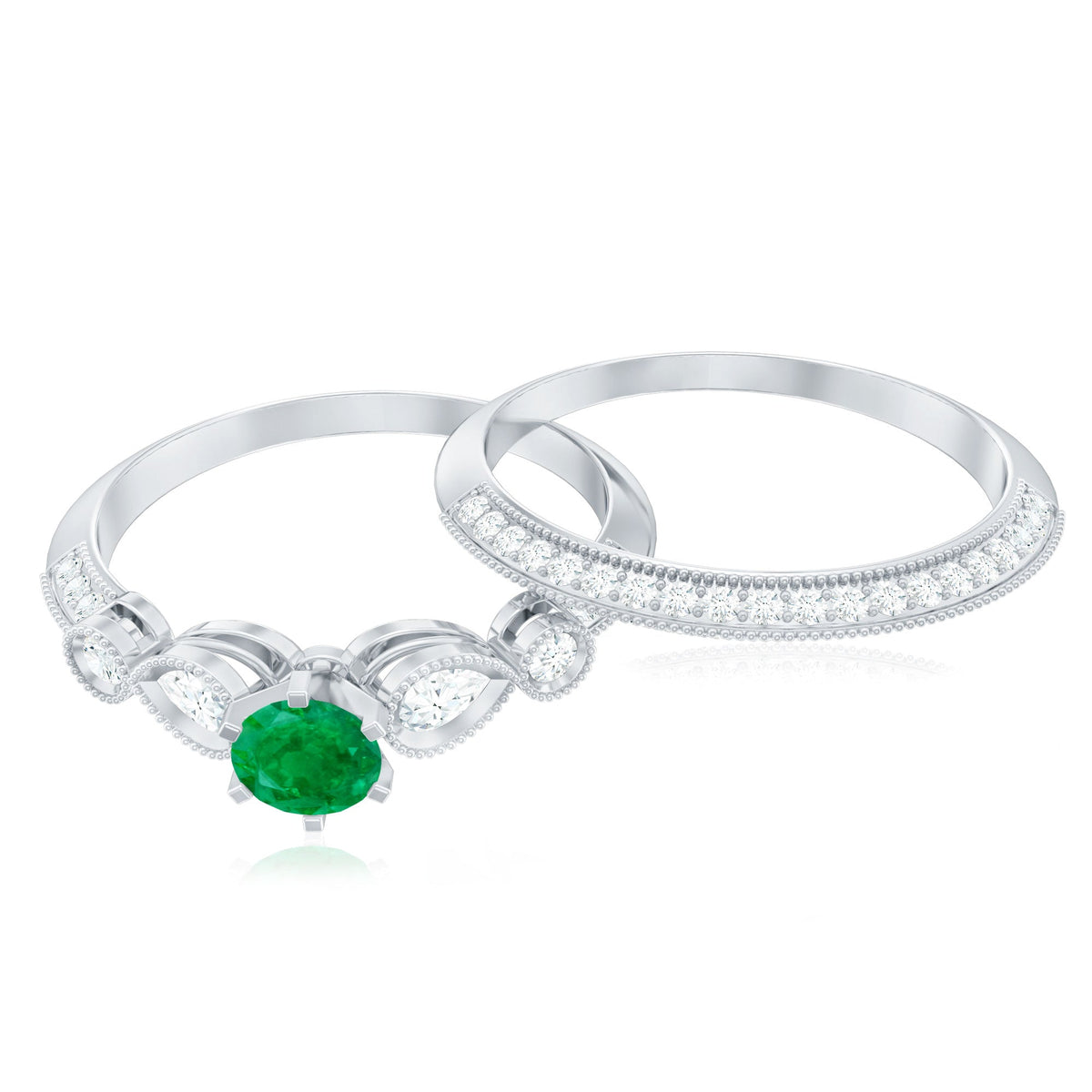 Vintage Emerald and Diamond Bridal Ring Set with Matching Wedding Band