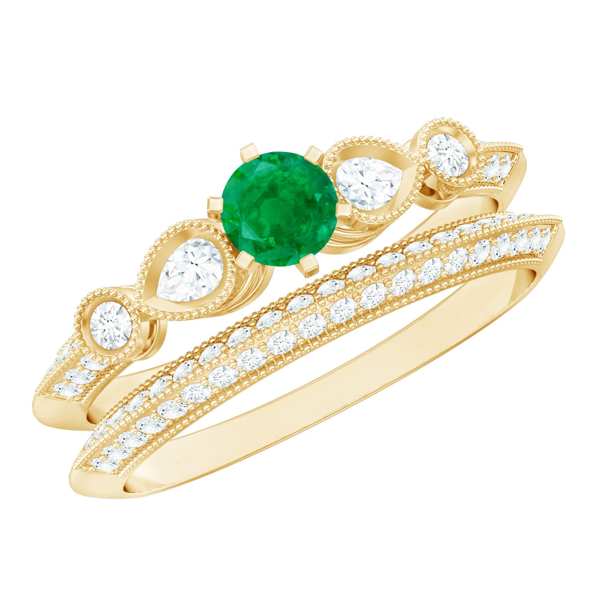 Vintage Emerald and Diamond Bridal Ring Set with Matching Wedding Band