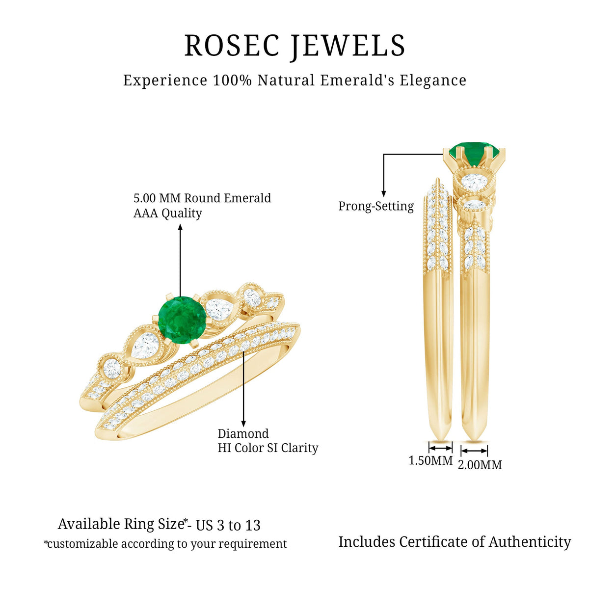 Vintage Emerald and Diamond Bridal Ring Set with Matching Wedding Band
