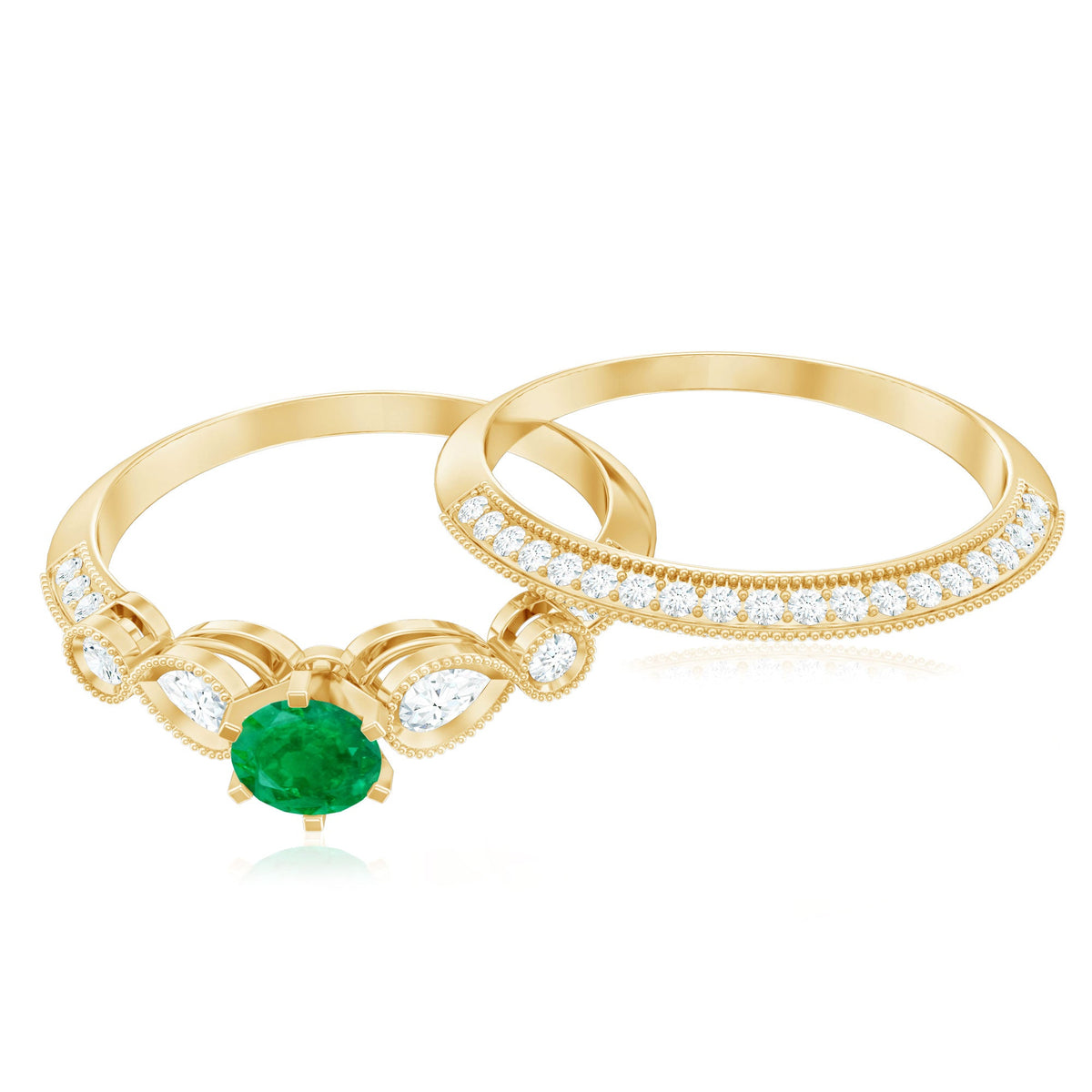 Vintage Emerald and Diamond Bridal Ring Set with Matching Wedding Band