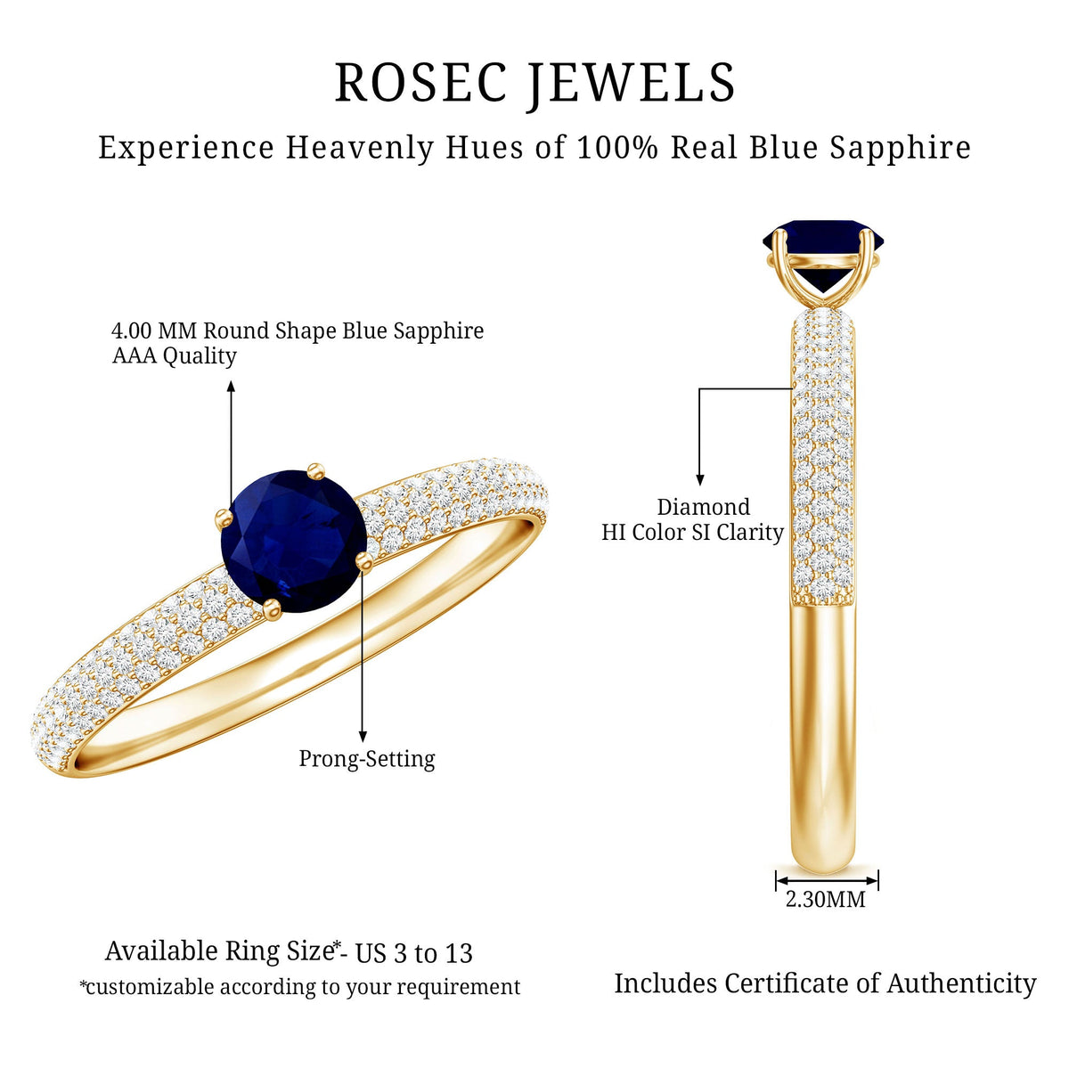 Genuine Blue Sapphire and Diamond Side Stone Engagement Ring