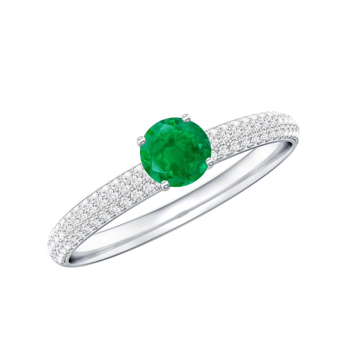 Classic Emerald Solitaire Engagement Ring with Real Diamond Side Stones