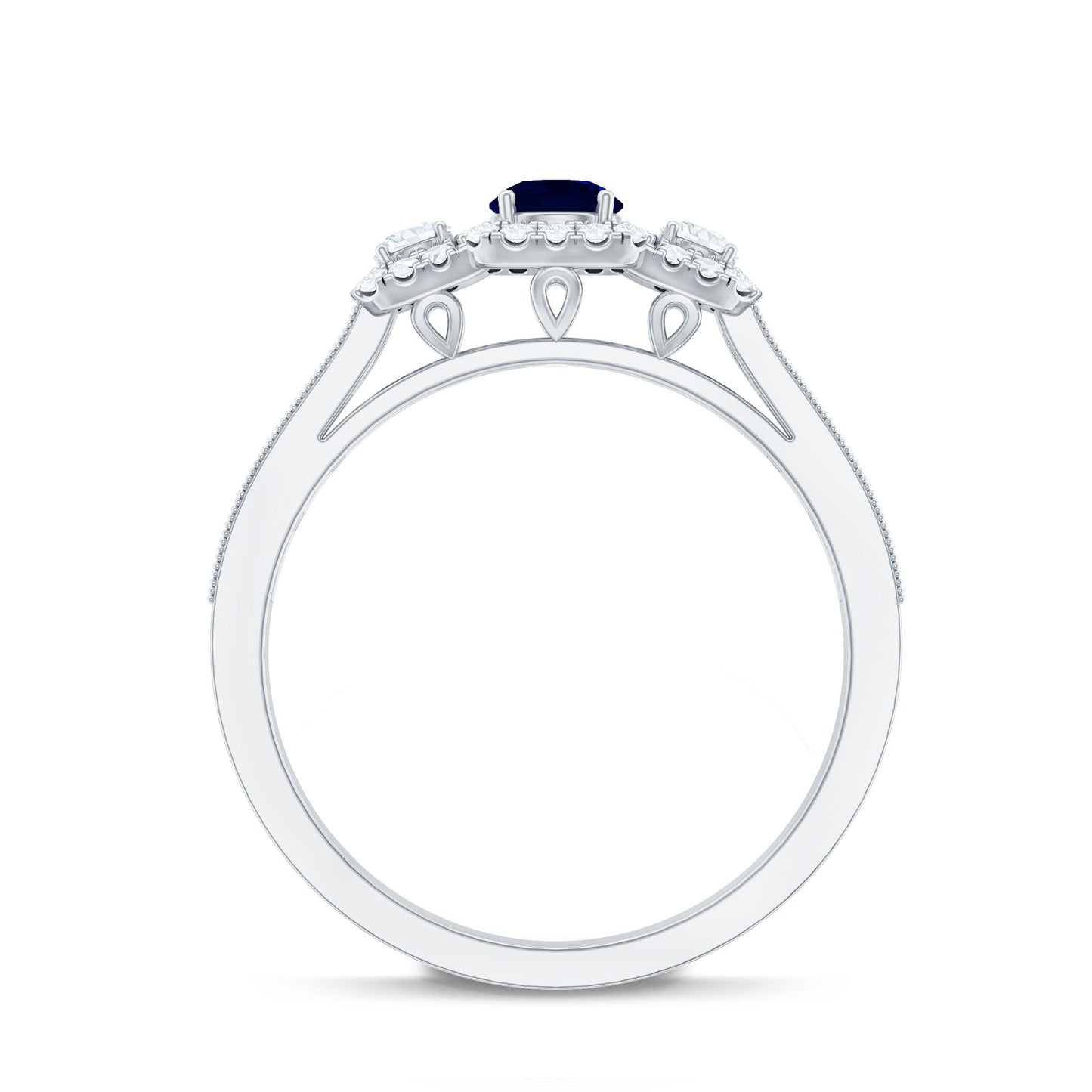 Vintage Inspired Blue Sapphire 3 Stone Engagement Ring with Diamond