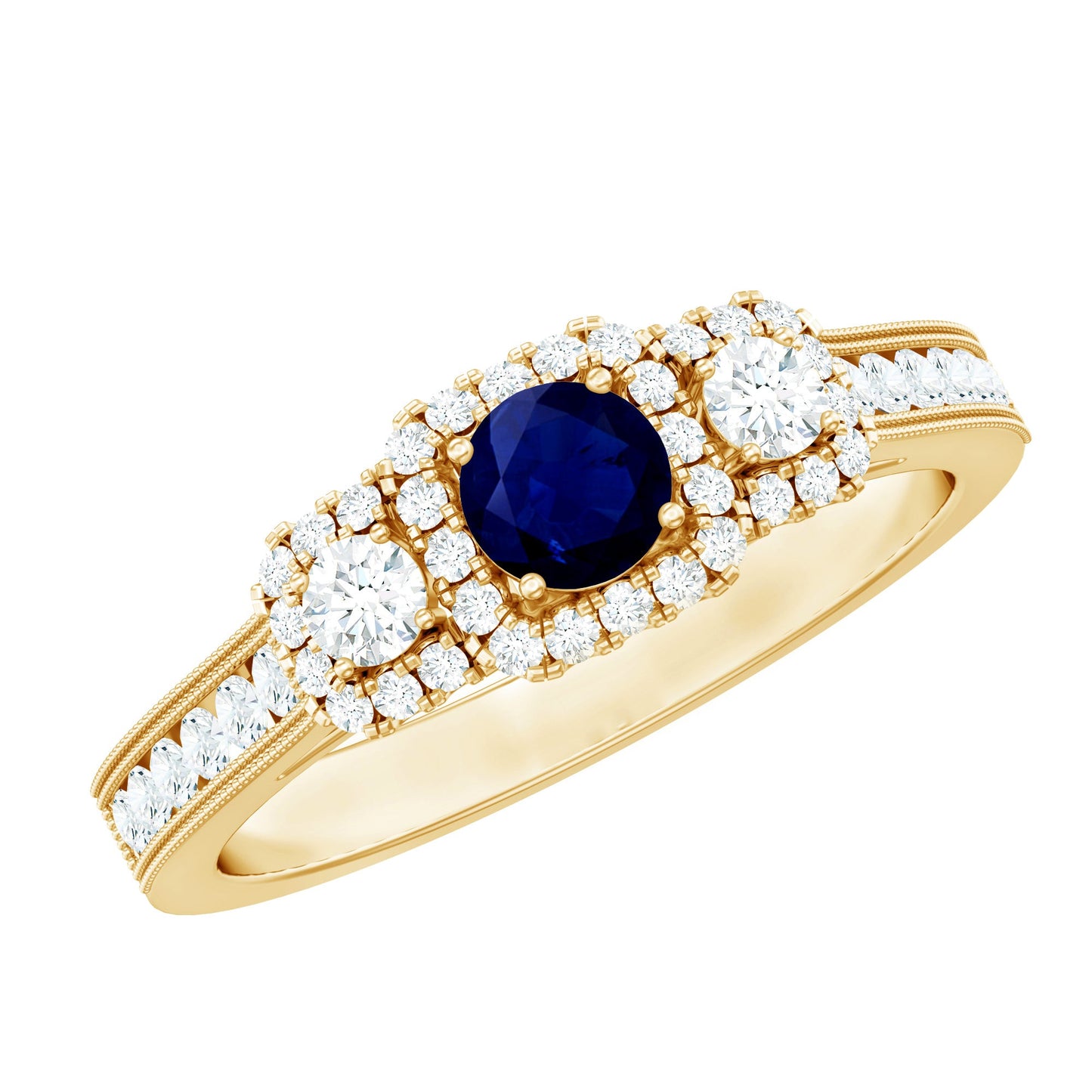 Vintage Inspired Blue Sapphire 3 Stone Engagement Ring with Diamond