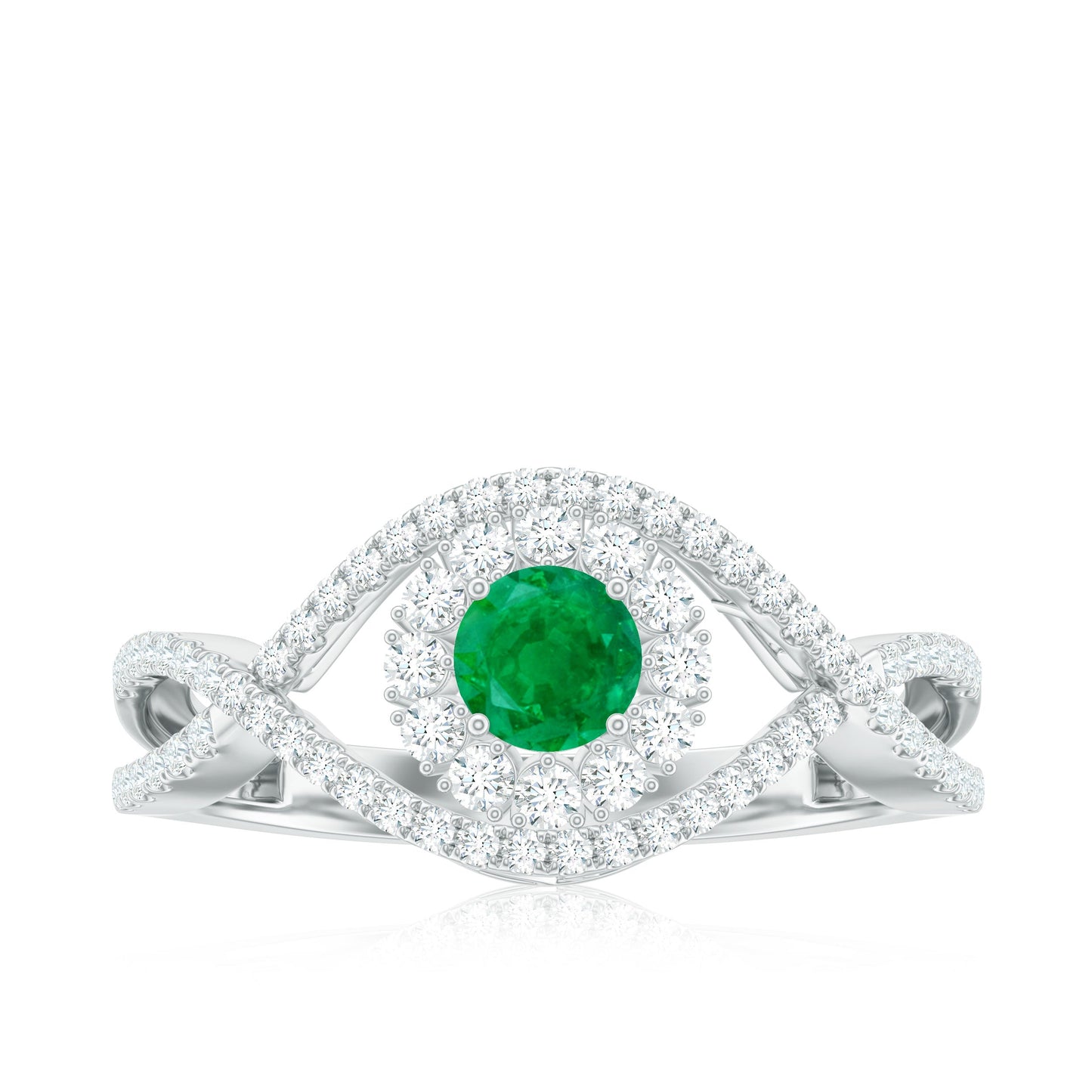 Natural Emerald Engagement Ring with Diamond Crossover Shank