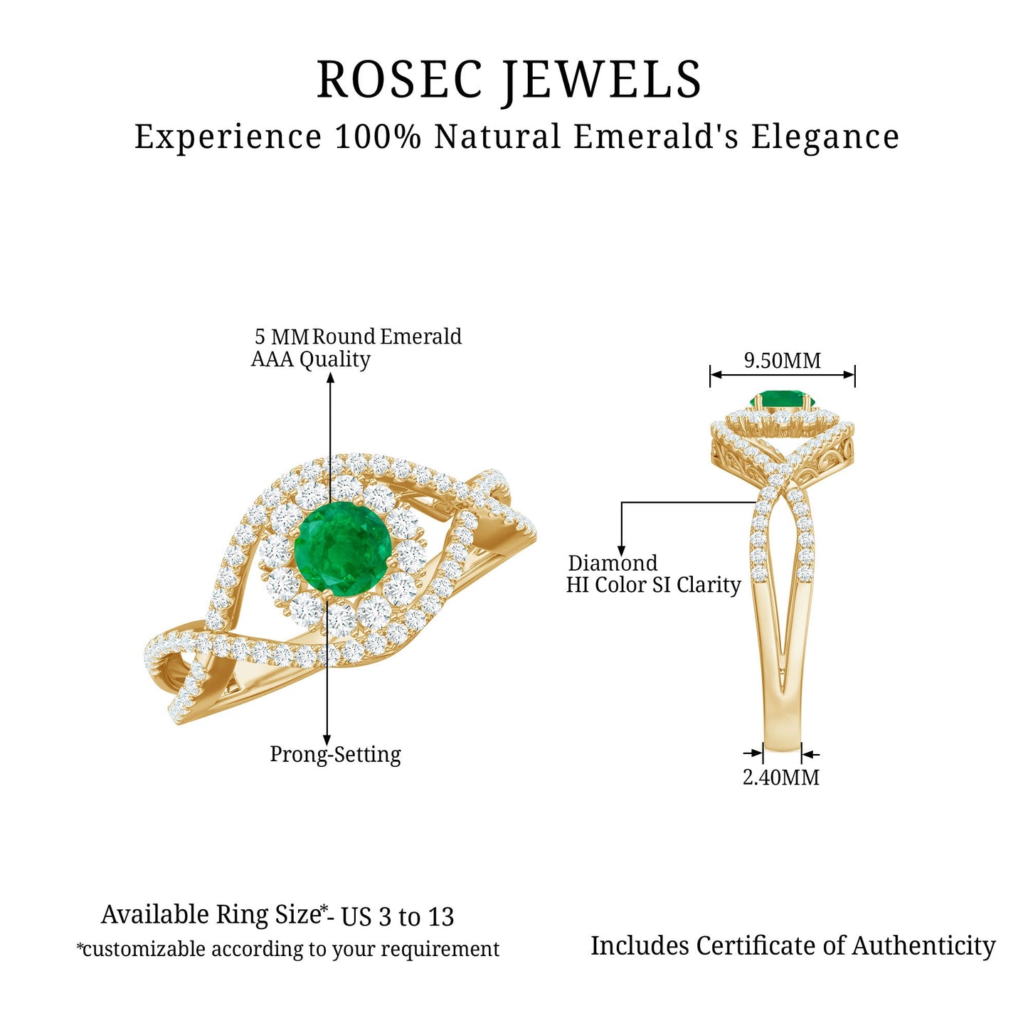 Natural Emerald Engagement Ring with Diamond Crossover Shank