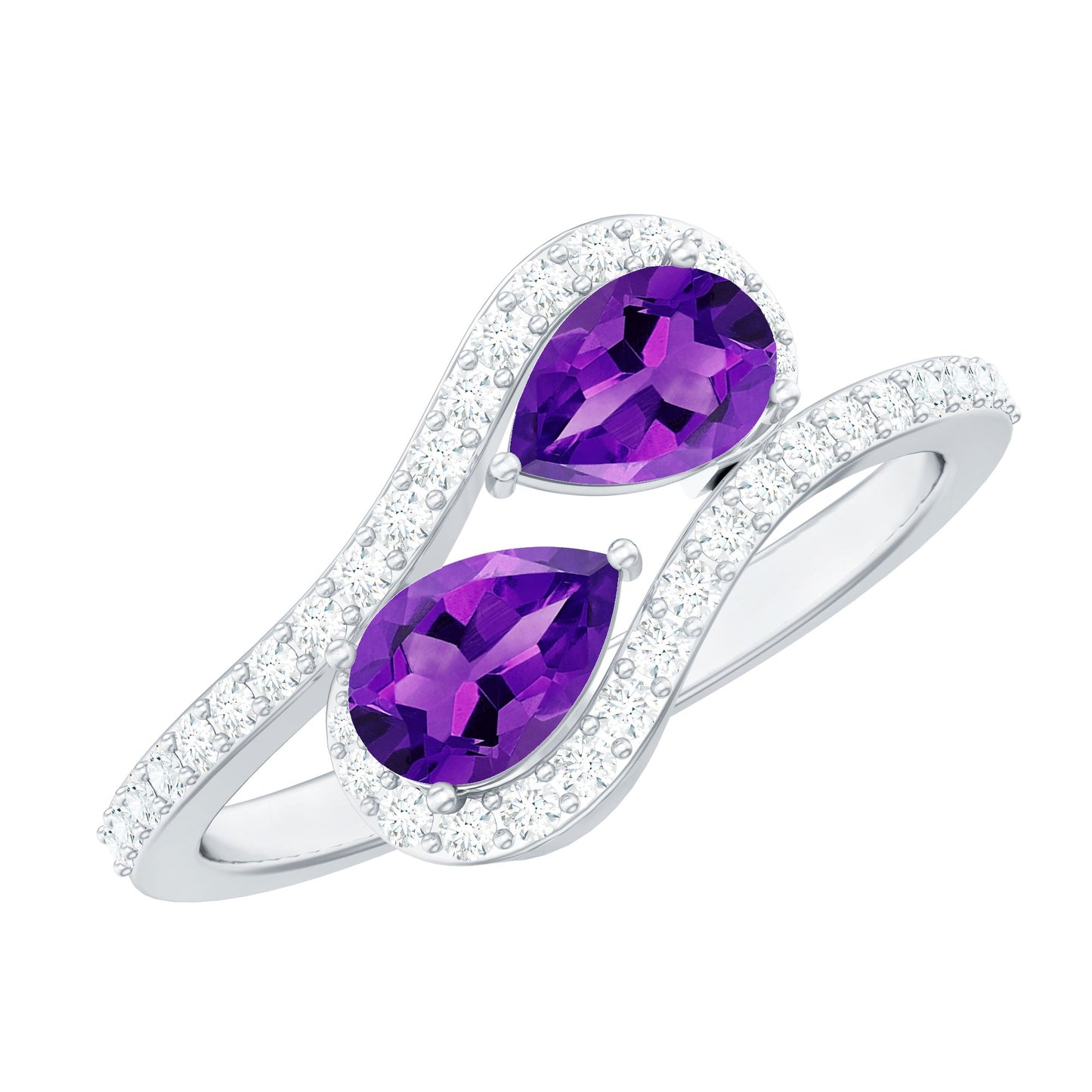 Vintage Inspired Amethyst 2 Stone Bypass Engagement Ring with Diamond
