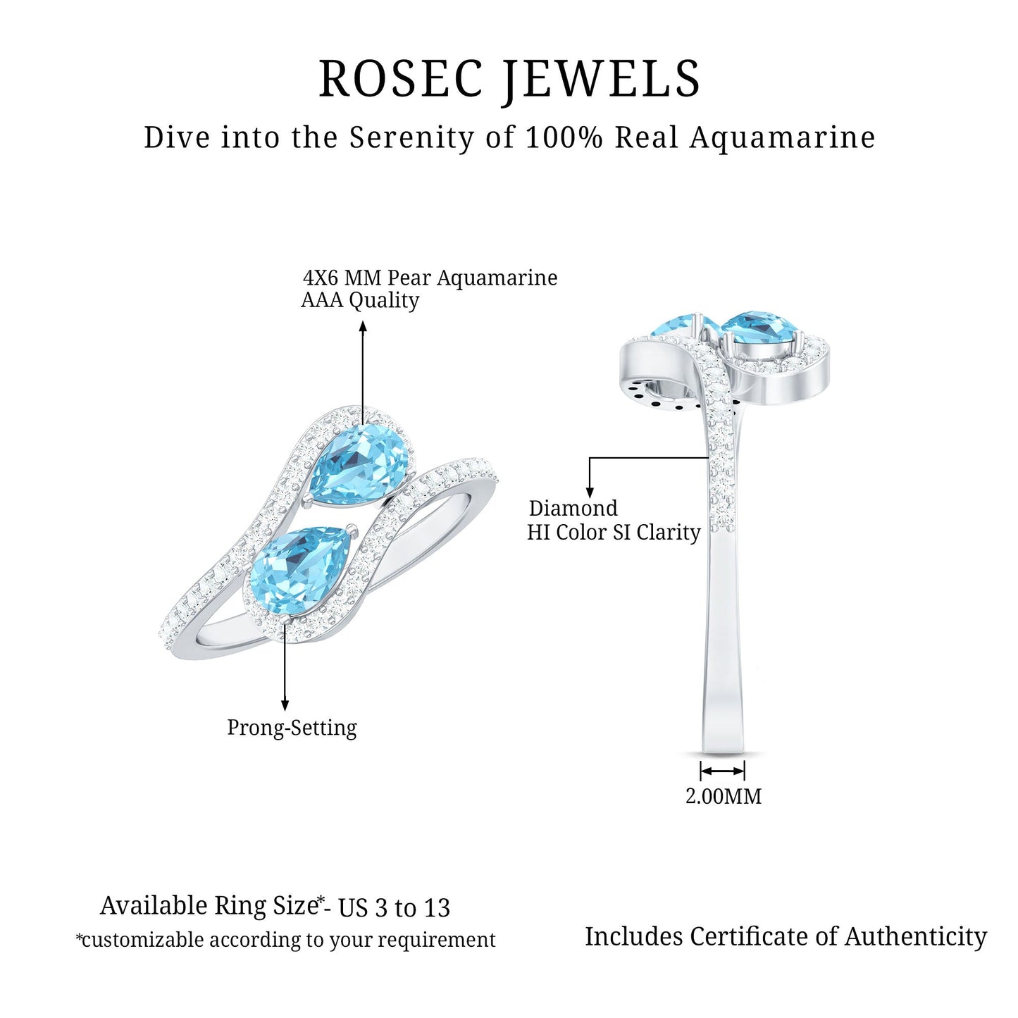 Genuine Aquamarine Two Stone Engagement Ring with Diamond