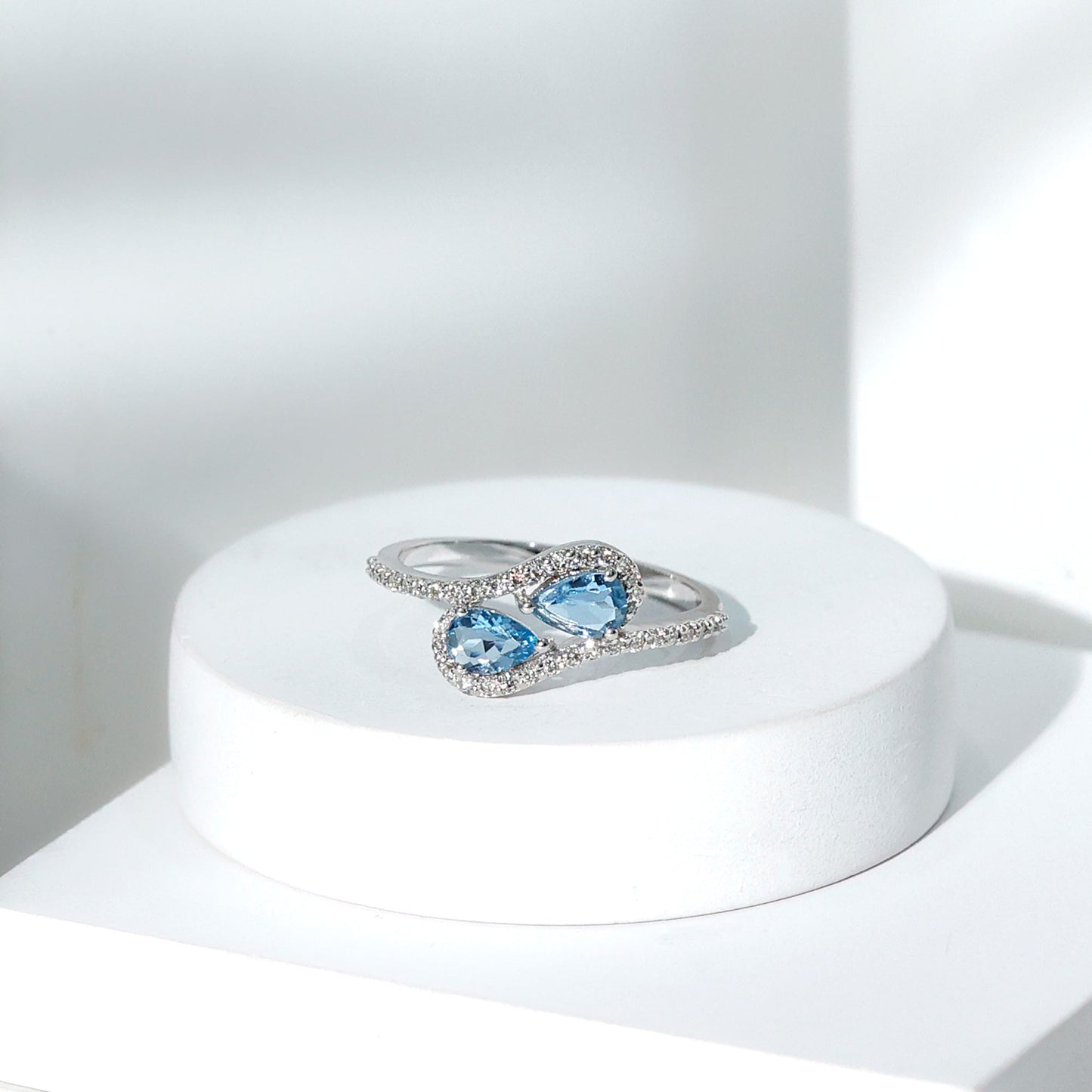 Genuine Aquamarine Two Stone Engagement Ring with Diamond