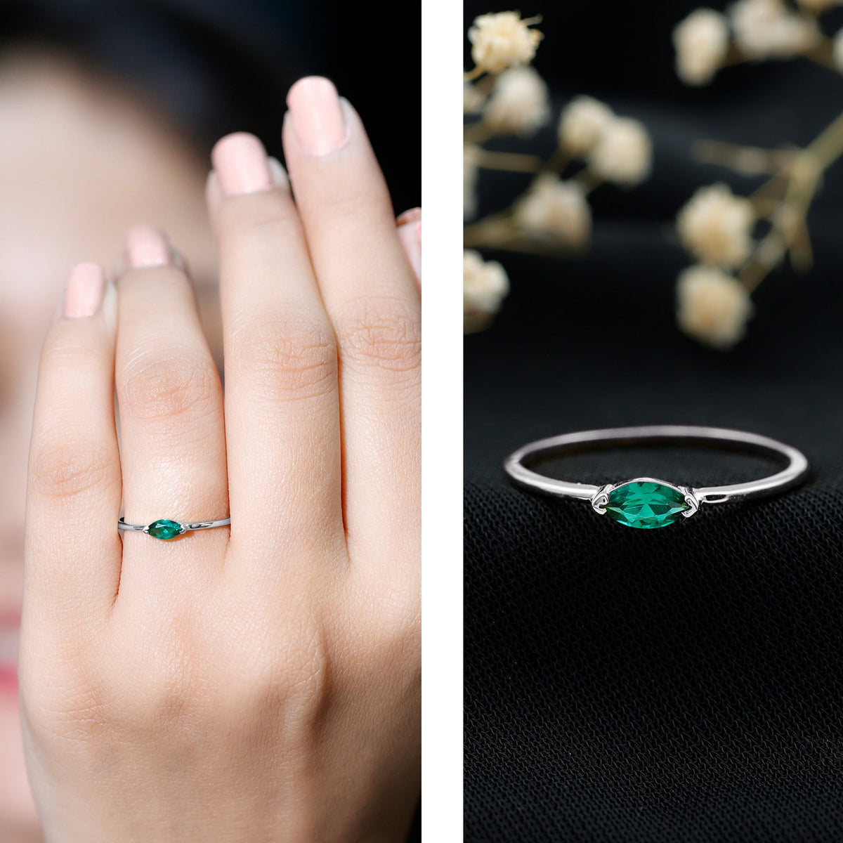 4X8 MM Marquise Lab Grown Emerald East West Promise Ring
