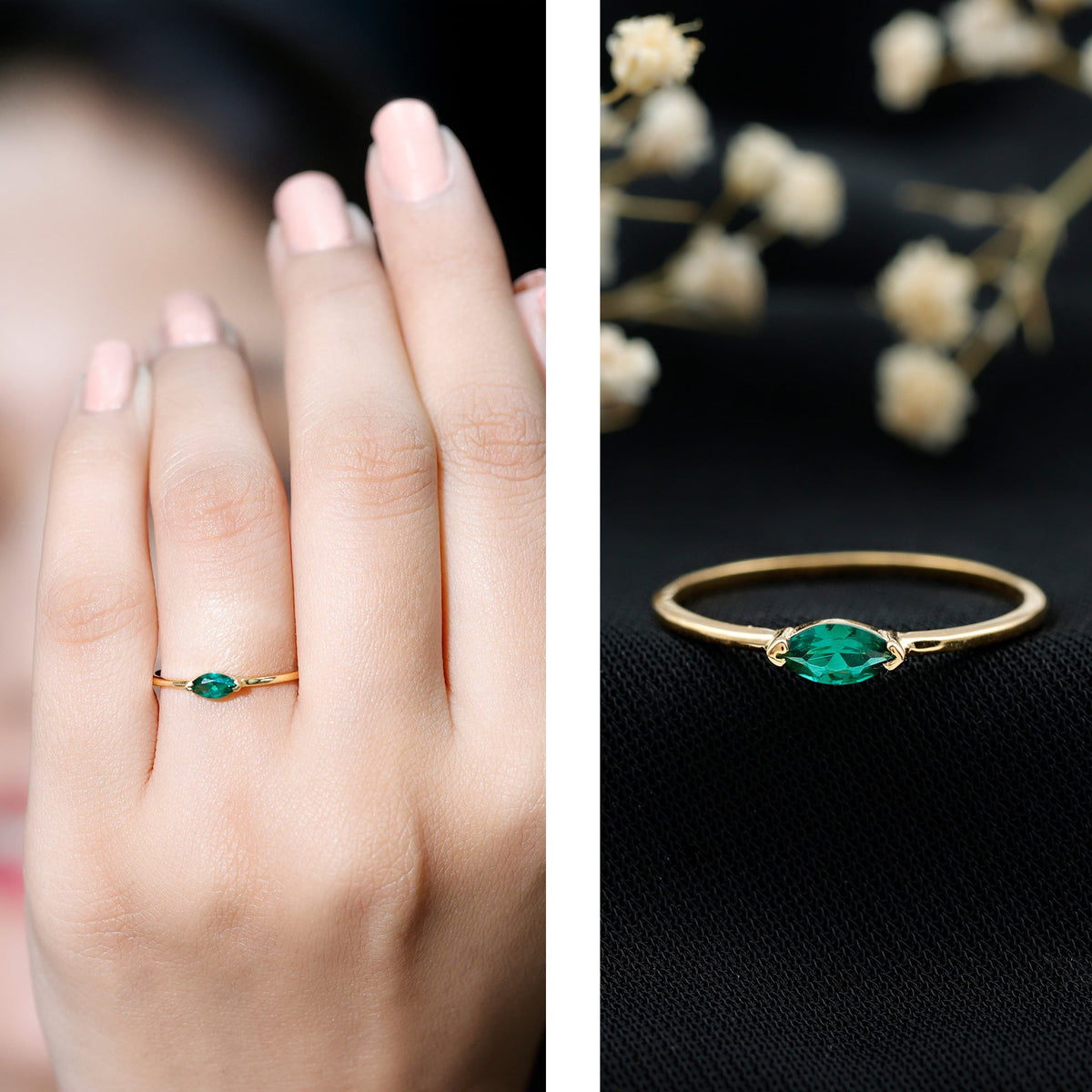 4X8 MM Marquise Lab Grown Emerald East West Promise Ring