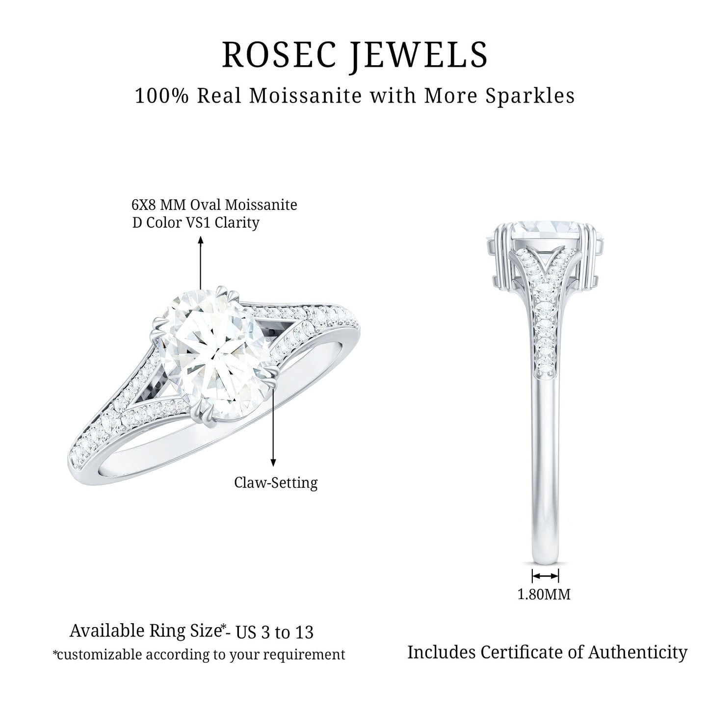 Certified Moissanite Oblong Engagement Ring with Split Shank