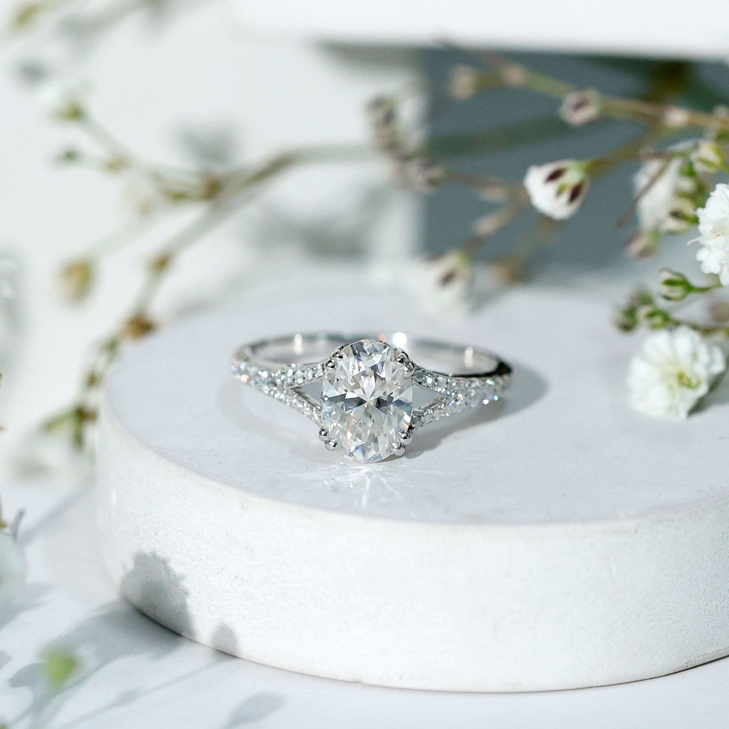 Certified Moissanite Oblong Engagement Ring with Split Shank