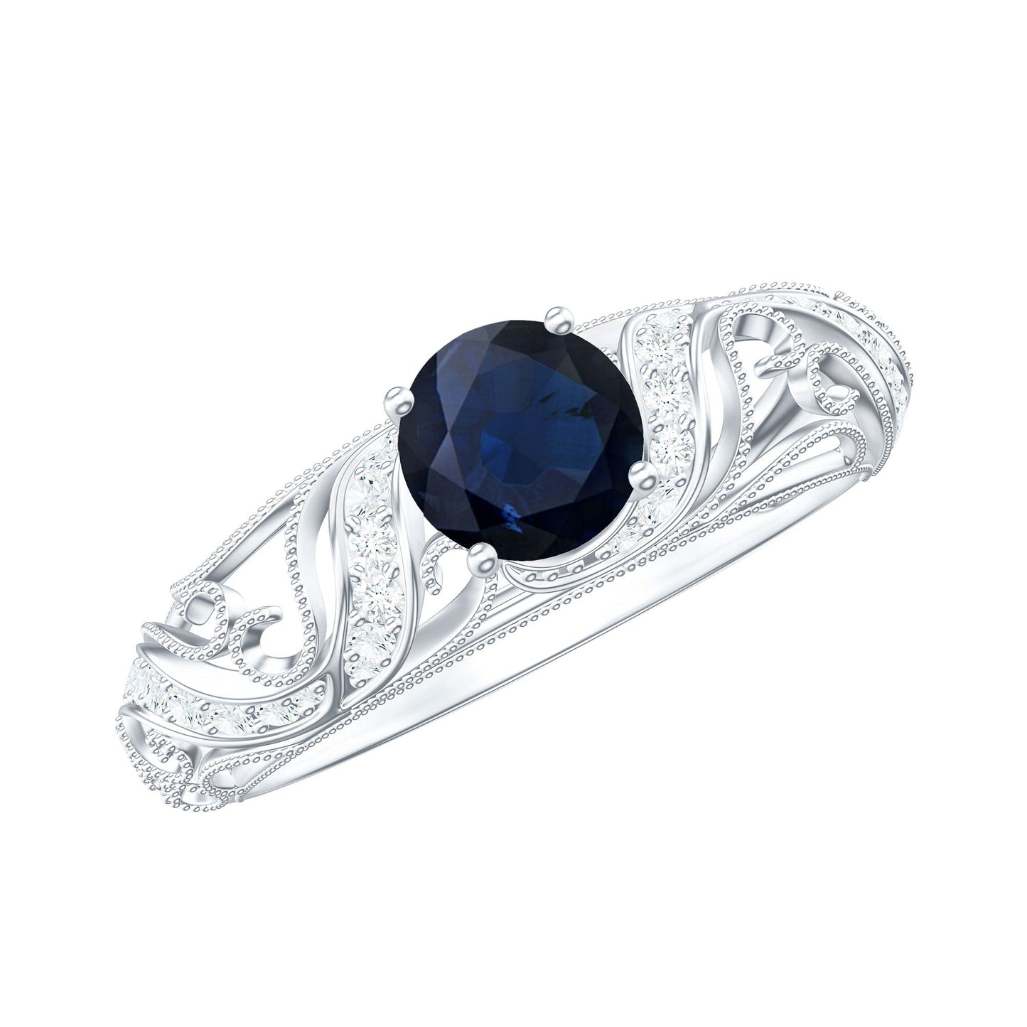 Certified 0.9 Carat Real Blue Sapphire and Diamond Vintage Looking Engagement Ring