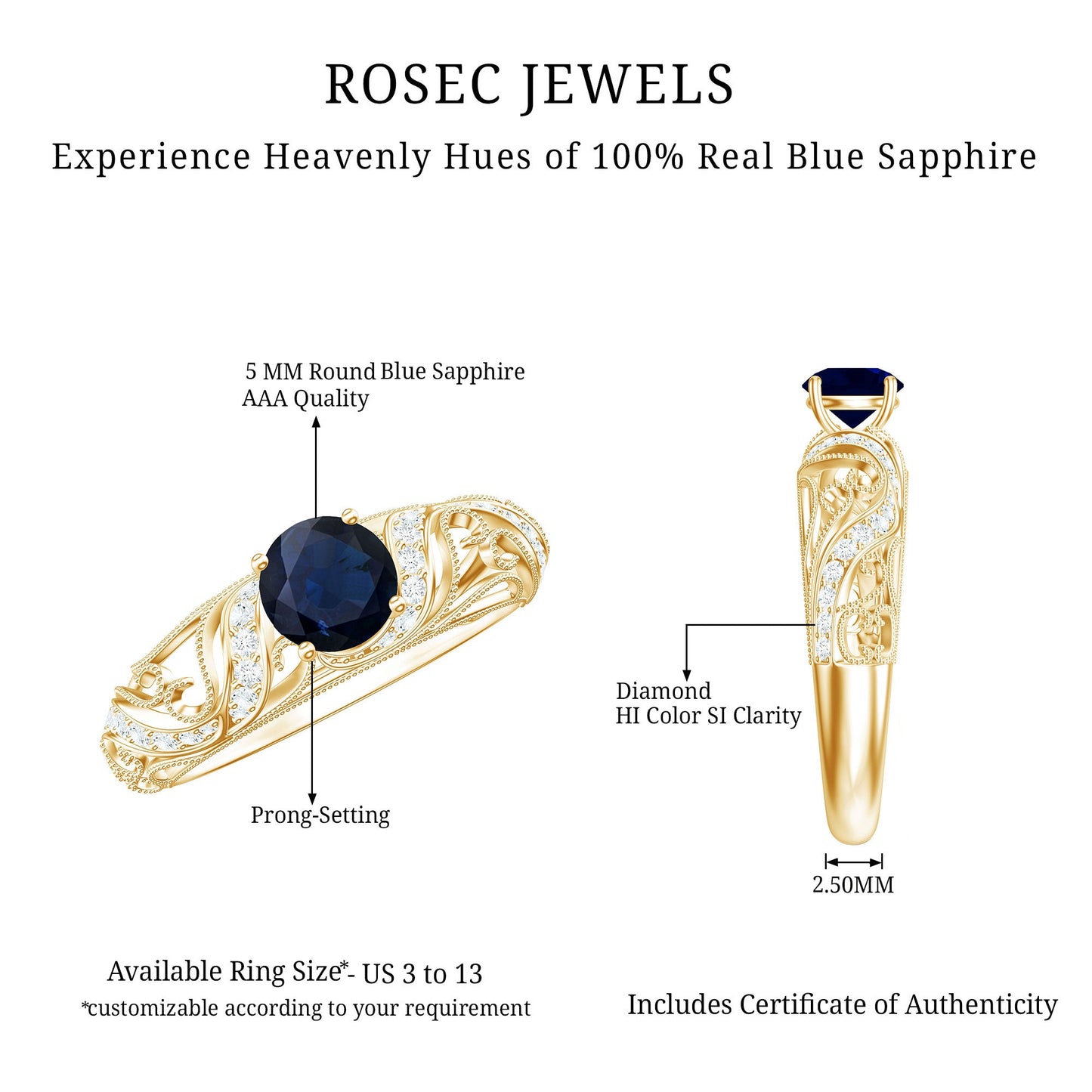 Certified 0.9 Carat Real Blue Sapphire and Diamond Vintage Looking Engagement Ring