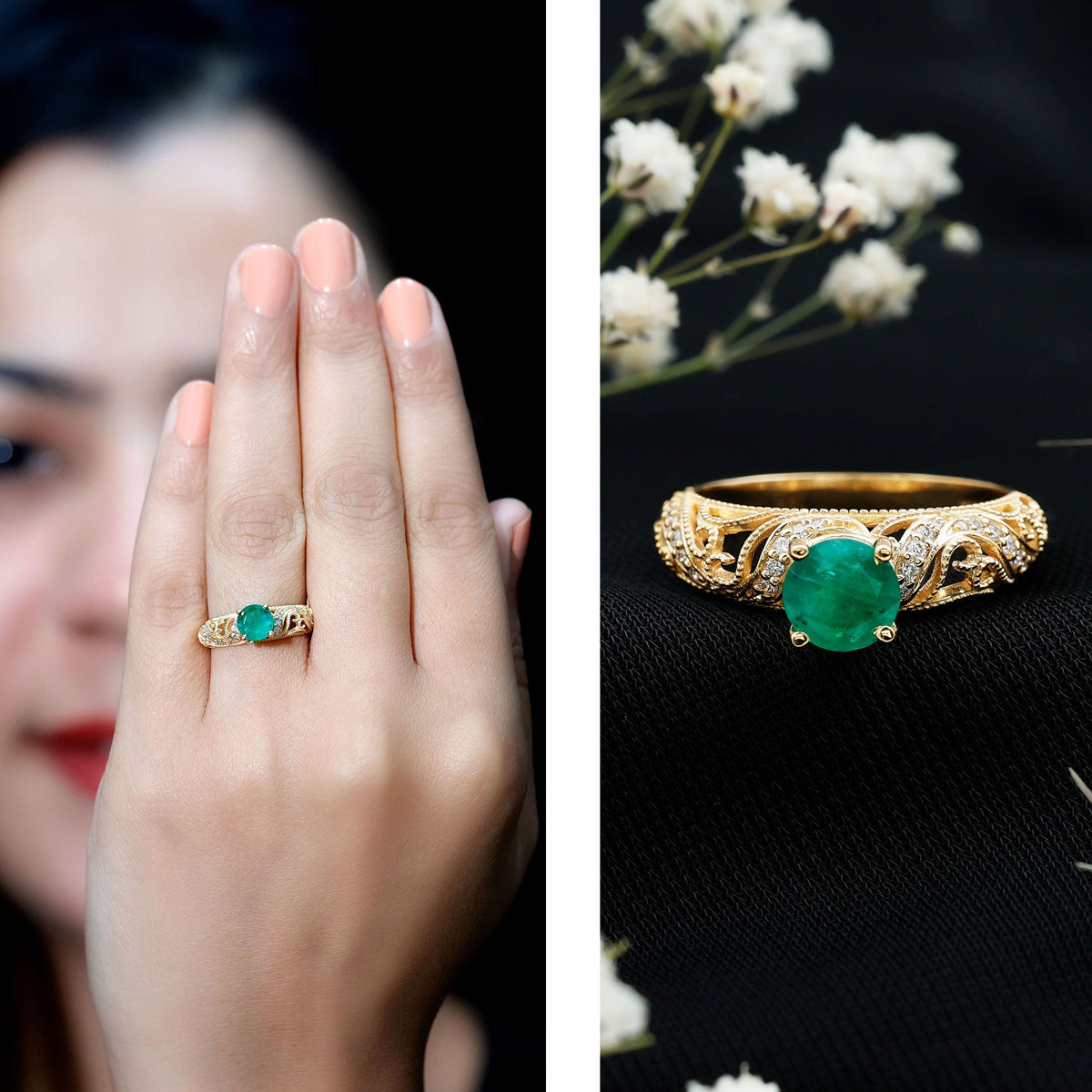 Vintage Looking Emerald and Diamond Engagement Ring for Women