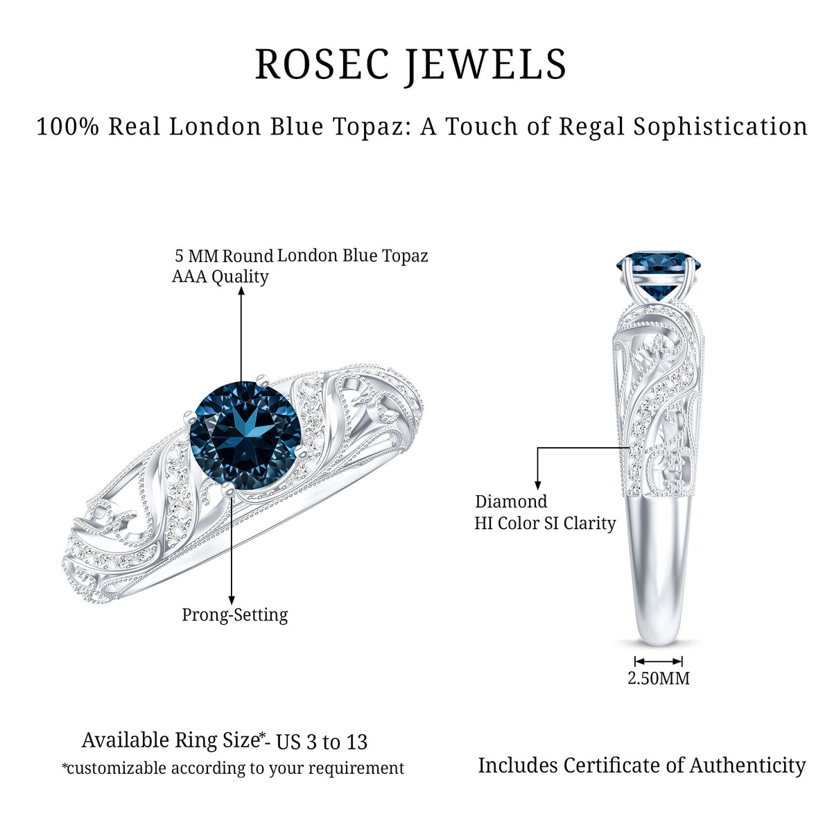 Vintage London Blue Topaz and Diamond Engagement Ring