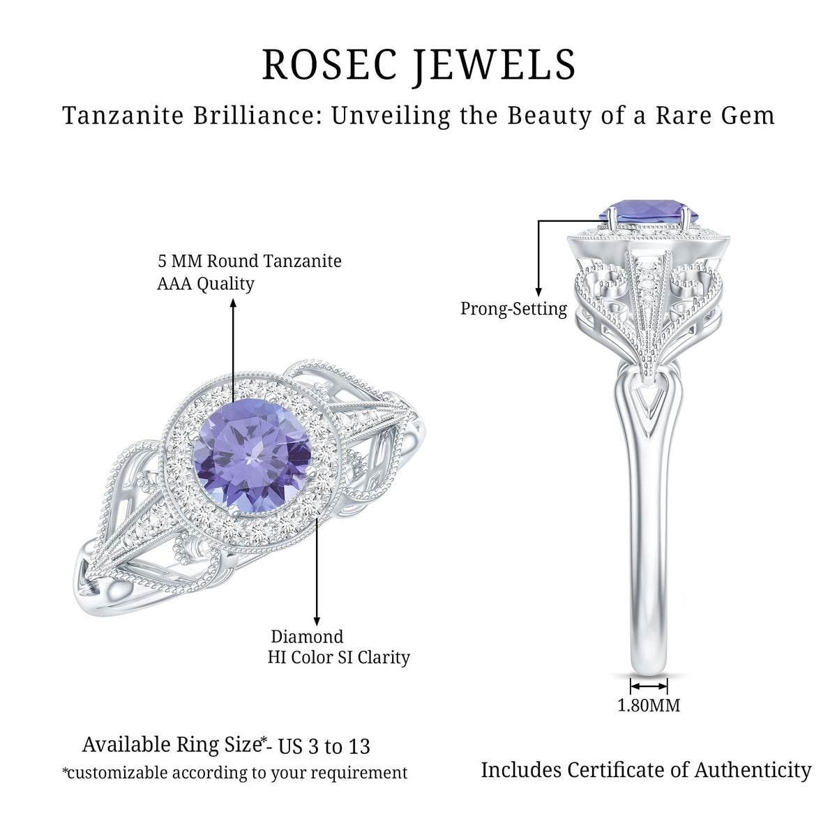 Natural Tanzanite Retro Engagement Ring with Diamond