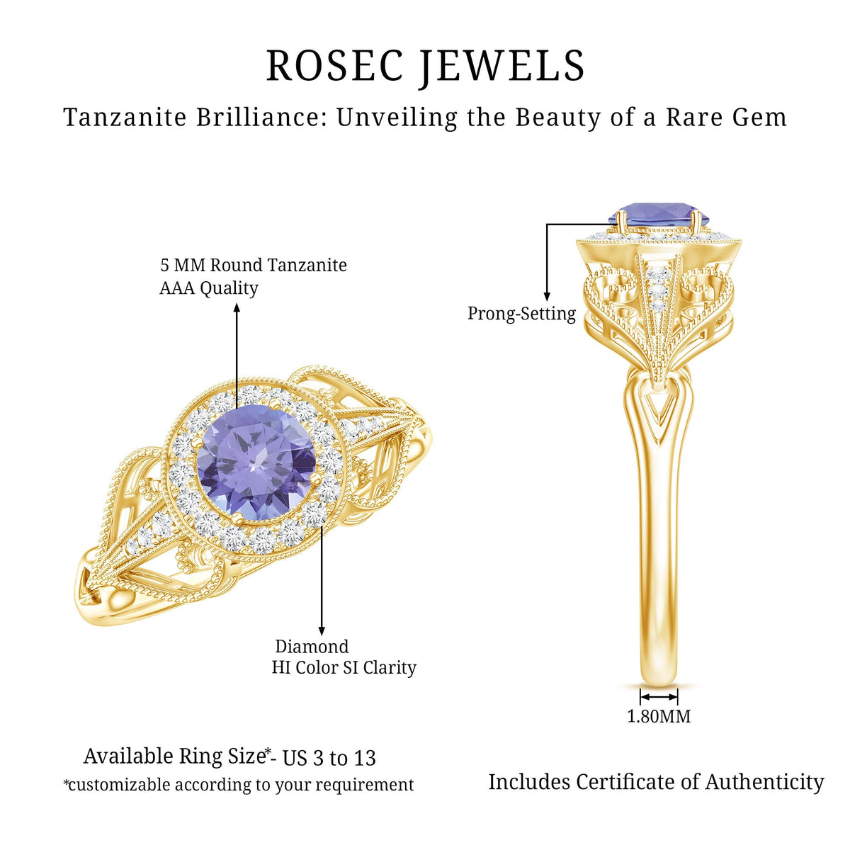 Natural Tanzanite Retro Engagement Ring with Diamond
