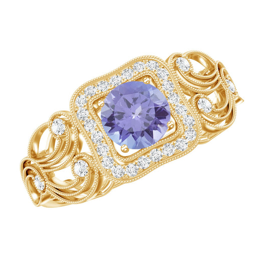Tanzanite Vintage Looking Engagement Ring with Diamond Halo