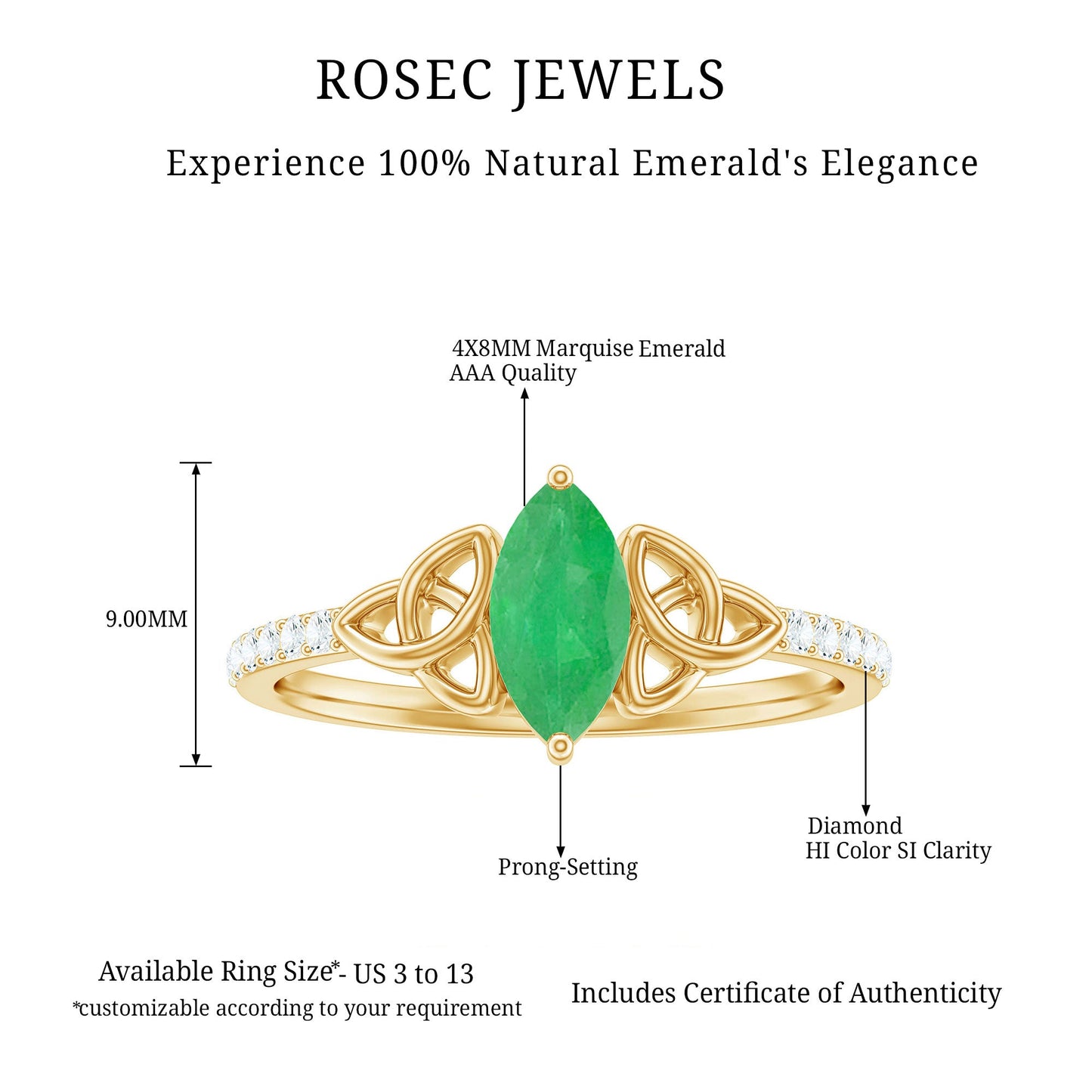 Marquise Cut Emerald Celtic Knot Engagement Ring with Diamonds