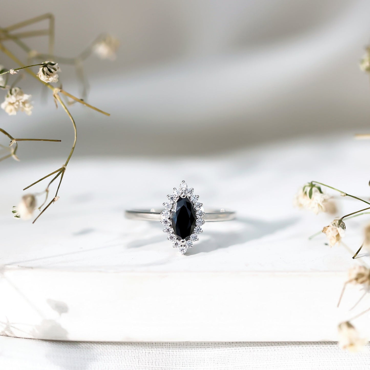 Certified 0.8 Carat Lab Grown Black Diamond Marquise Engagement Ring with Halo