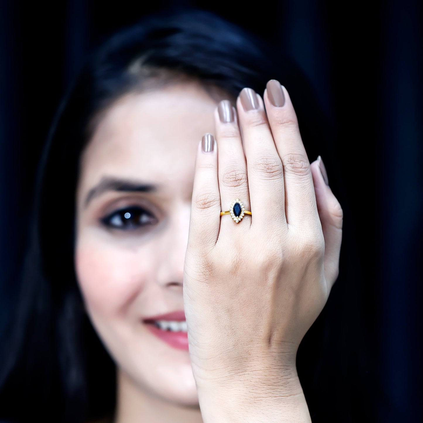Certified 0.8 Carat Lab Grown Black Diamond Marquise Engagement Ring with Halo