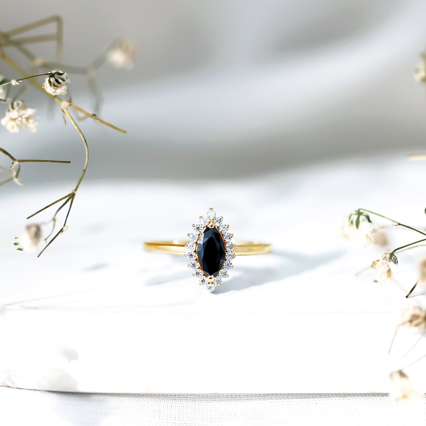 Certified 0.8 Carat Lab Grown Black Diamond Marquise Engagement Ring with Halo