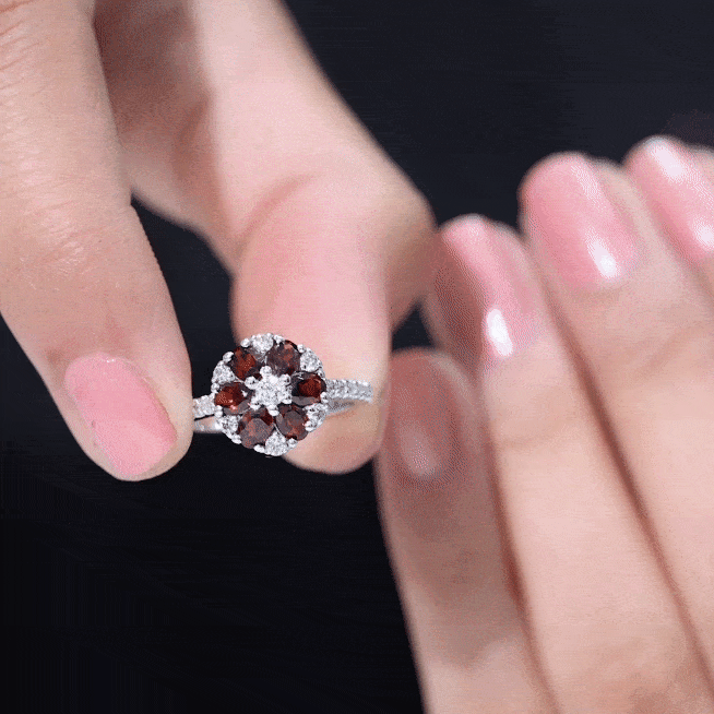 Natural Garnet Flower Engagement Ring with Diamond