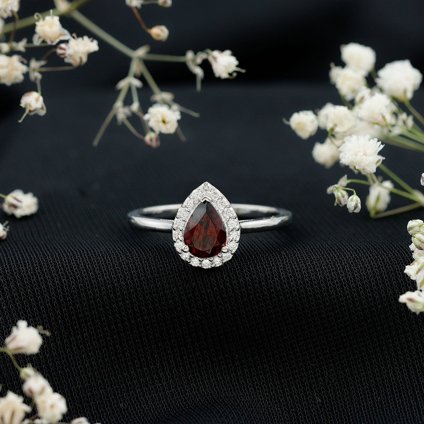 Classic Garnet Teardrop Engagement Ring with Diamond Halo