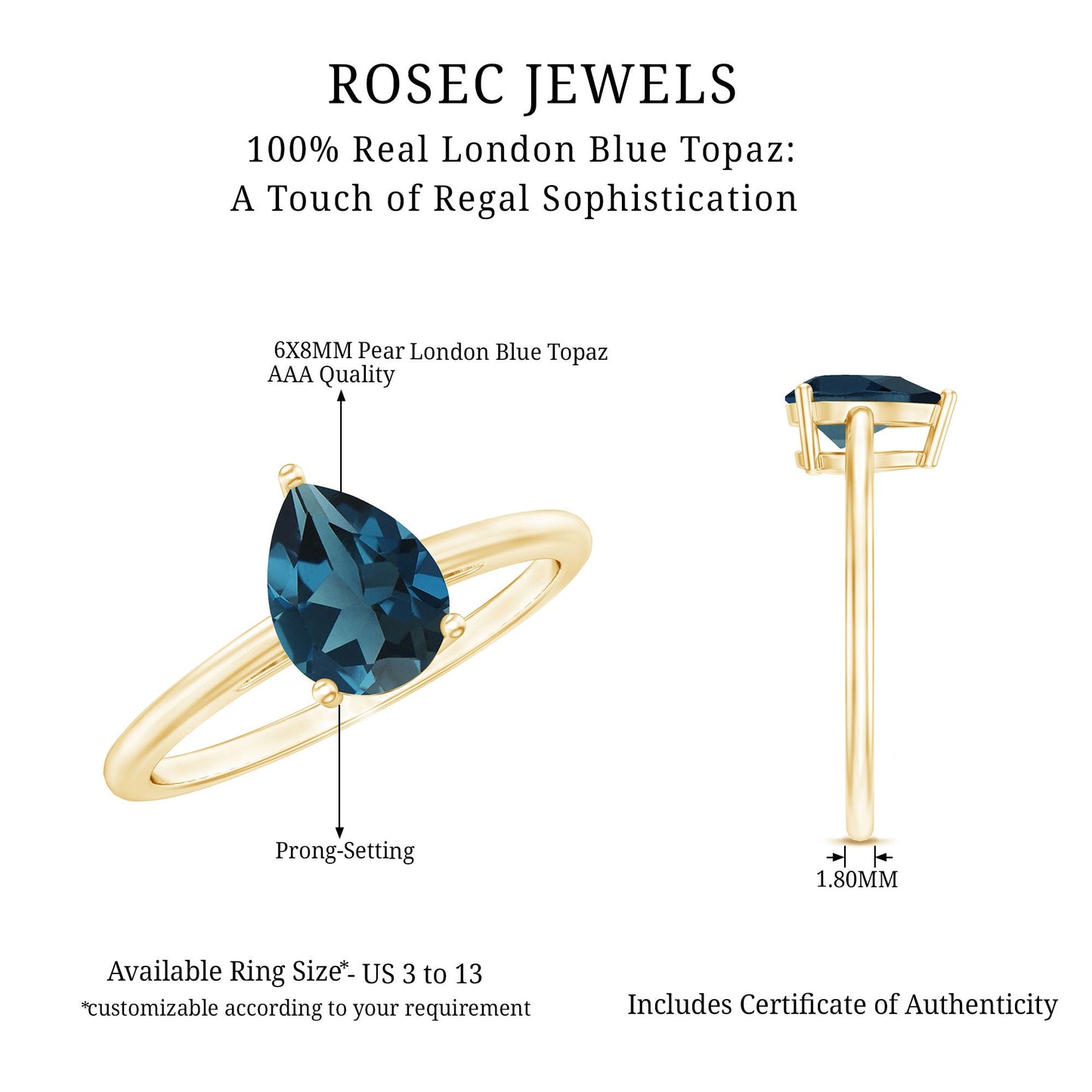 1 Carat Pear Shape London Blue Topaz Single Stone Engagement Ring
