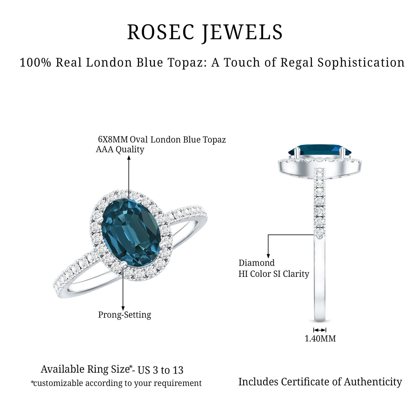1 Carat Oval Cut London Blue Topaz Classic Engagement Ring with Diamond Halo