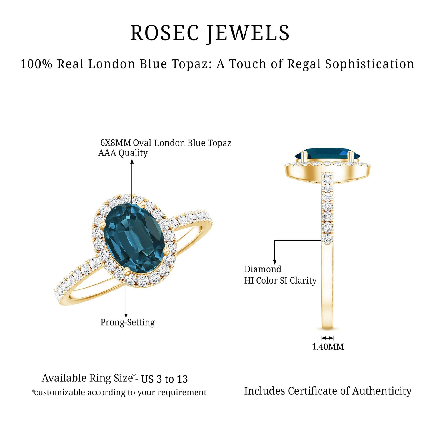 1 Carat Oval Cut London Blue Topaz Classic Engagement Ring with Diamond Halo