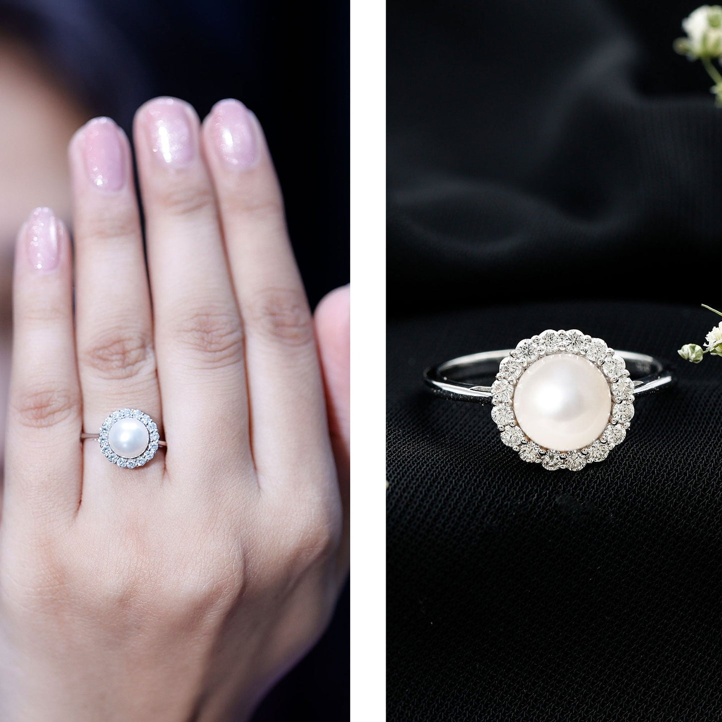 Real 7.4 Carat Freshwater Pearl Engagement Ring with Diamond Halo
