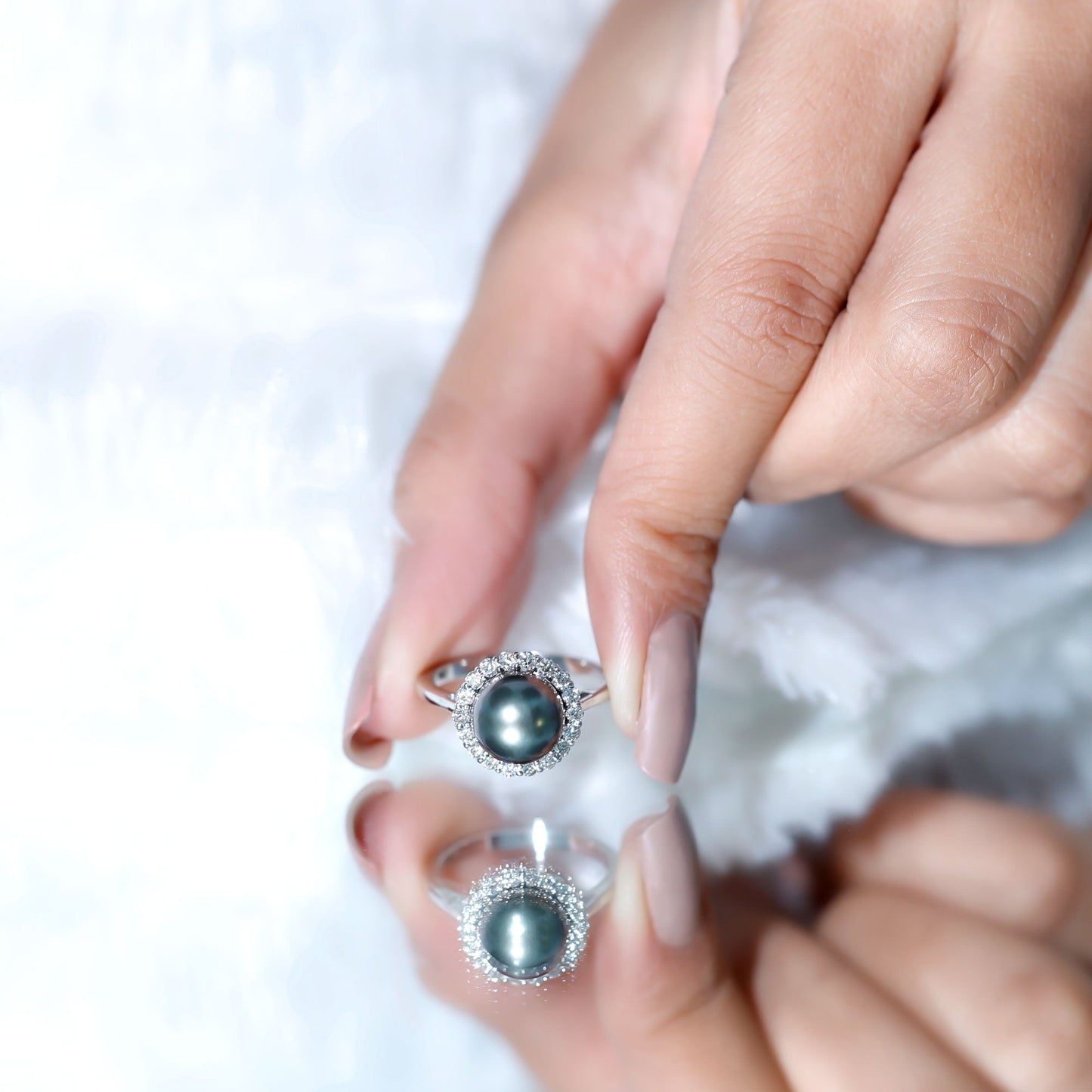 Natural Tahitian Pearl and Diamond Halo Engagement Ring