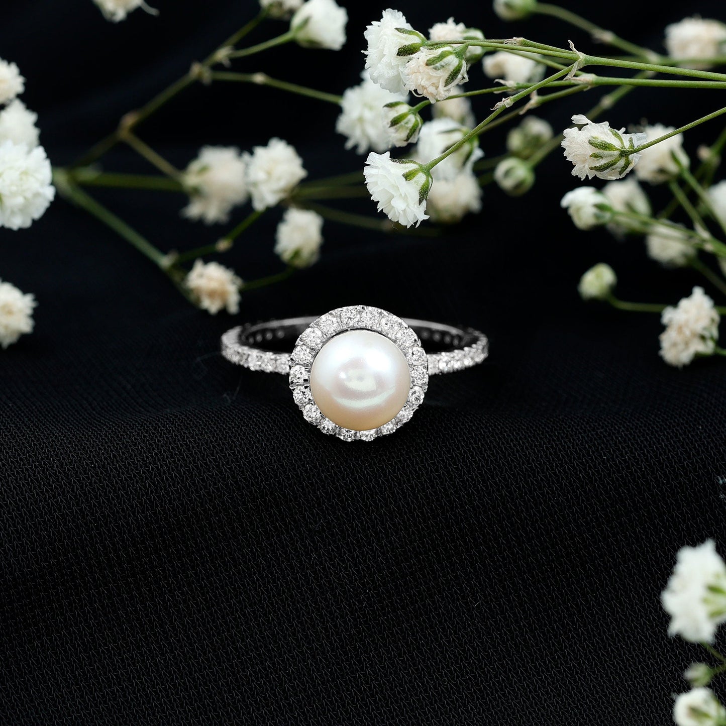 Cultured 7.4 Carat Freshwater Pearl Diamond Engagement Ring with Halo