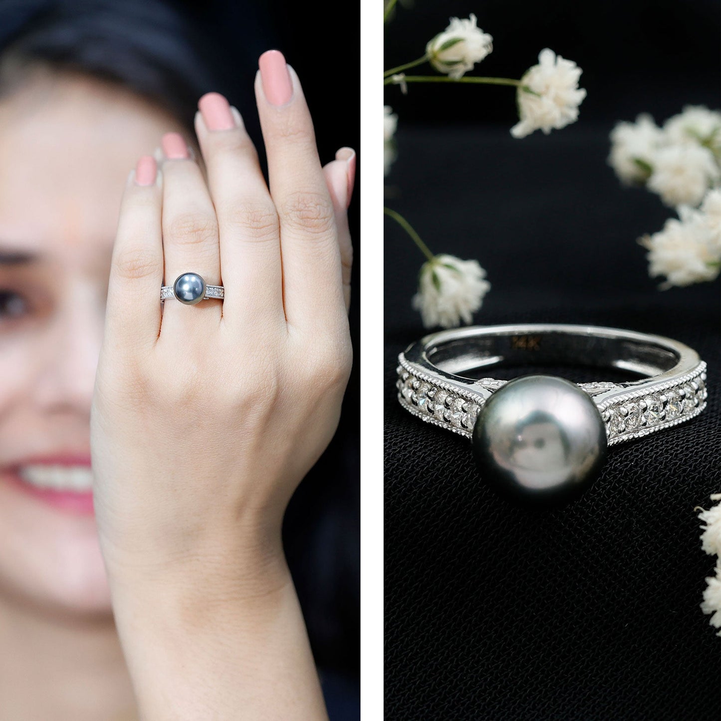 Natural Tahitian Pearl Cathedral Engagement Ring with Diamond Side Stones