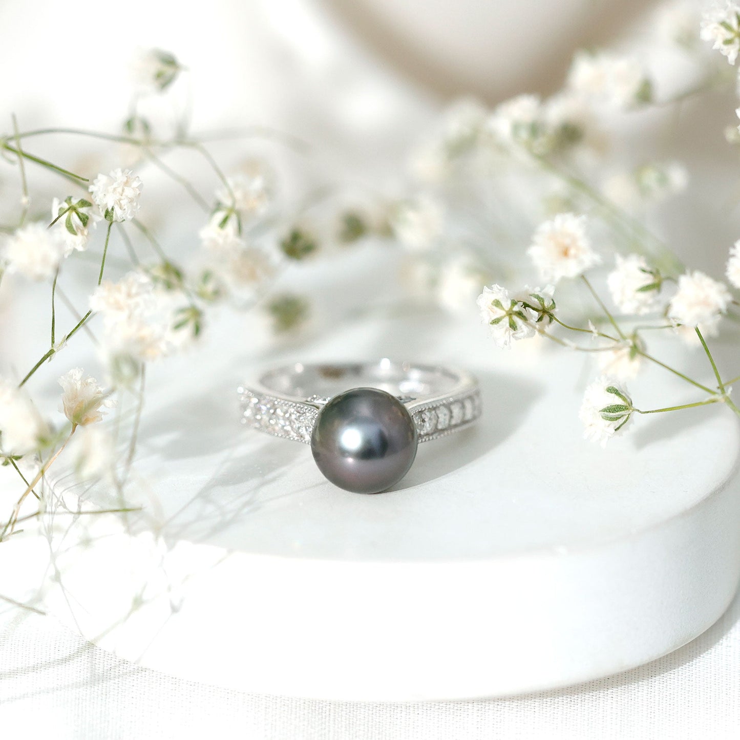 Natural Tahitian Pearl Cathedral Engagement Ring with Diamond Side Stones