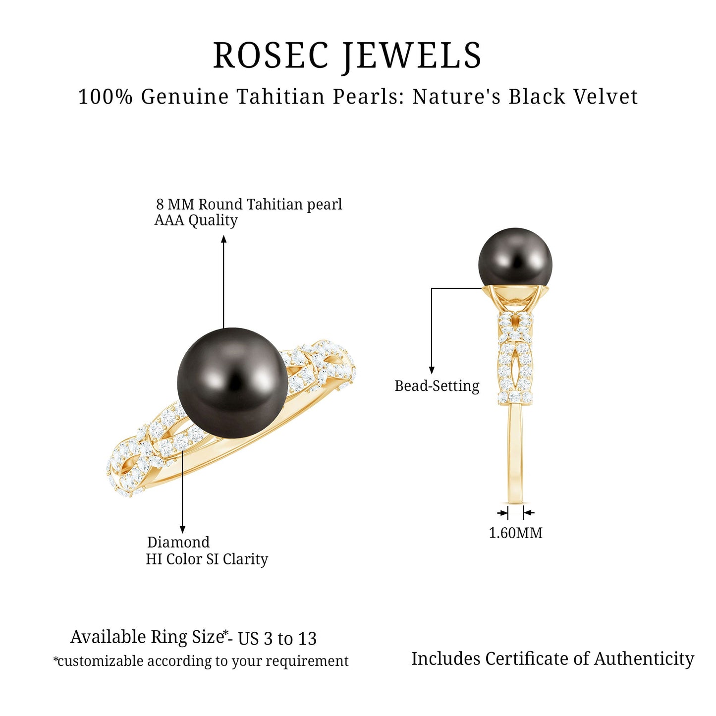 7.5 Carat Genuine Black Pearl and Diamond Engagement Ring