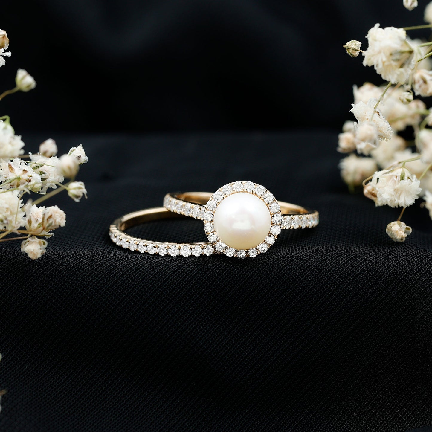 Round Freshwater Pearl and Moissanite Halo Wedding Ring Set