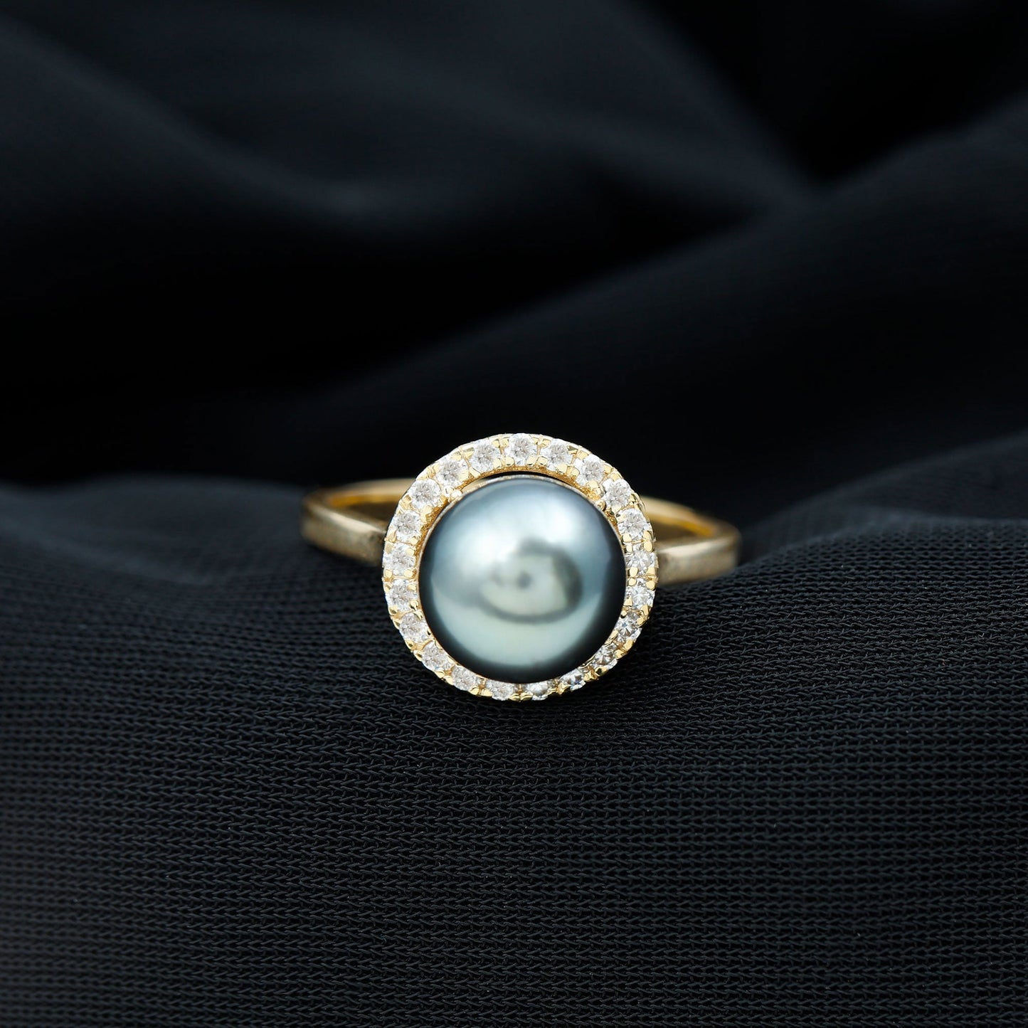 Genuine Tahitian Black Pearl and Diamond Engagement Ring