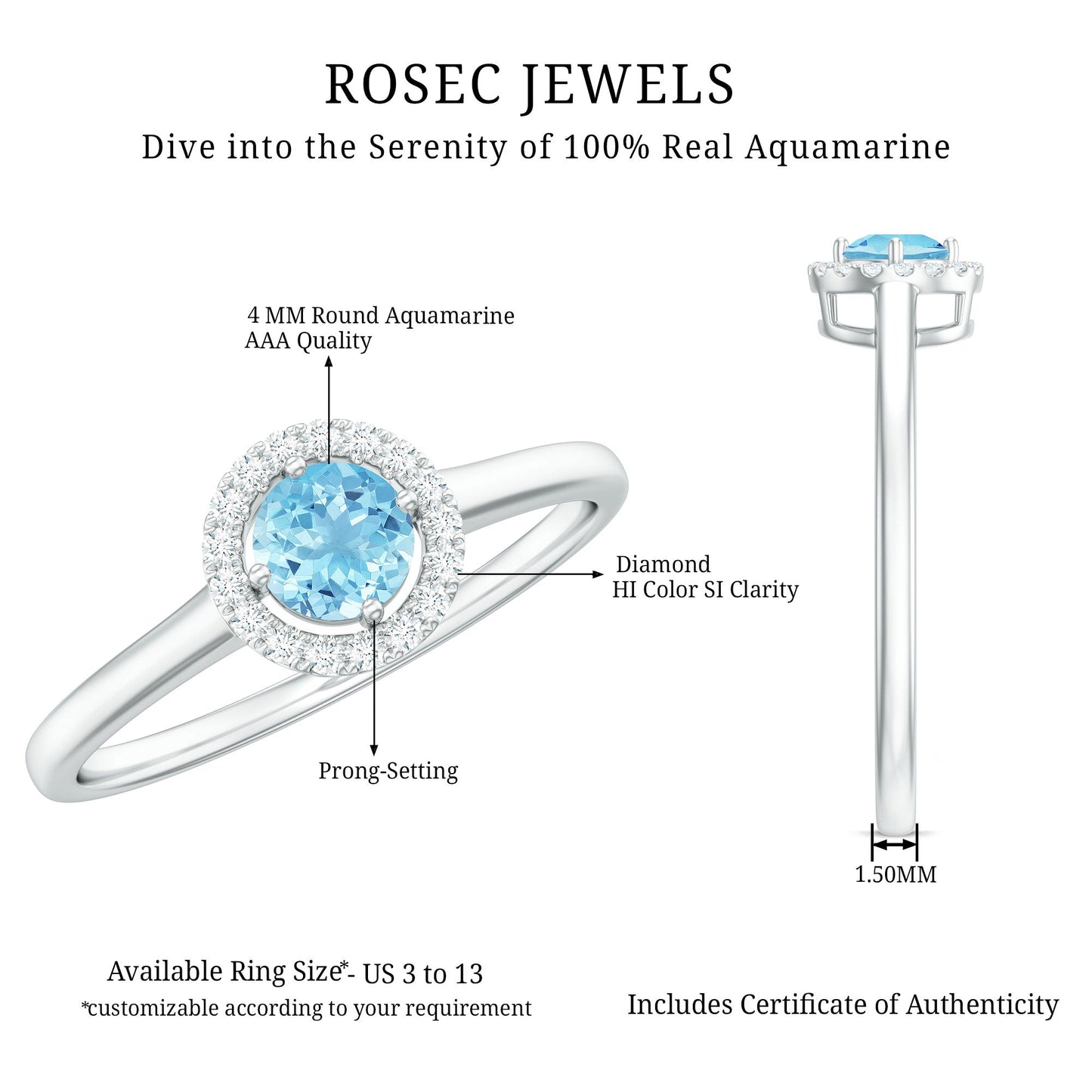 Genuine Aquamarine Promise Ring with Diamond Halo