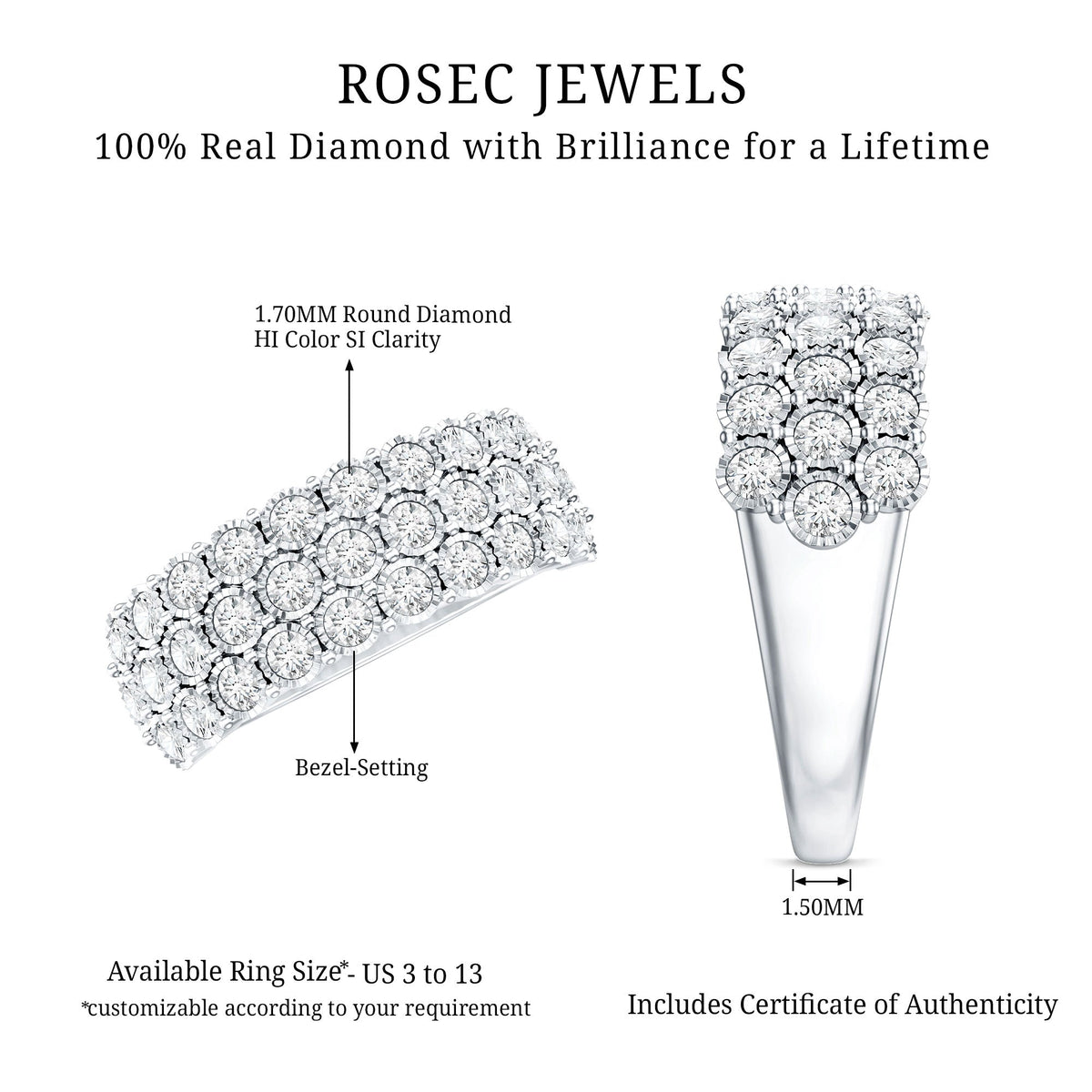 Diamond 3 Row Wide Wedding Band Ring
