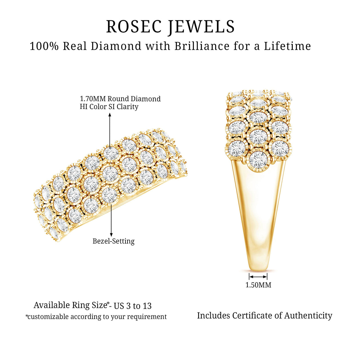 Diamond 3 Row Wide Wedding Band Ring