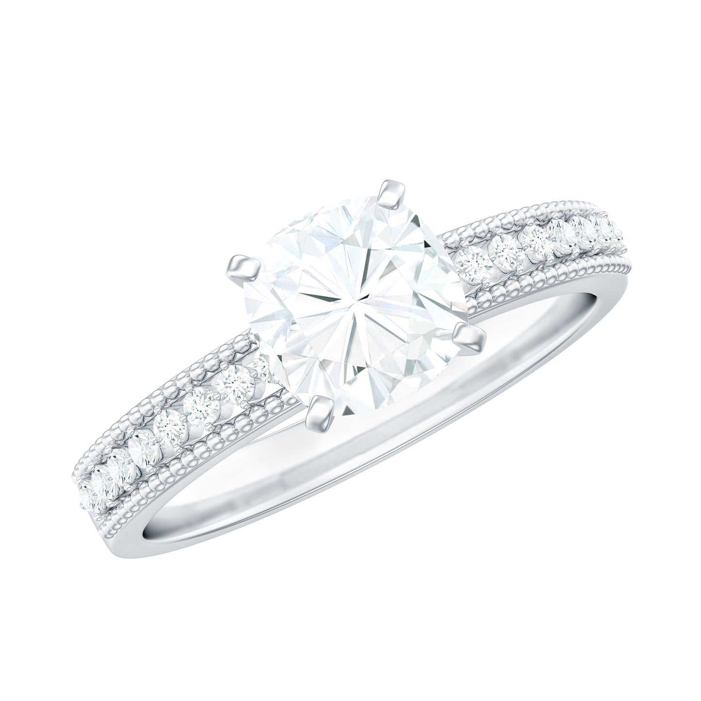 1.7 Carat Cushion Cut Moissanite Solitaire Engagement Ring with Beaded Details