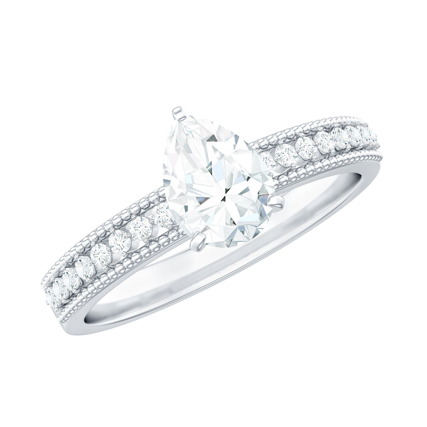 Pear Shaped Moissanite Solitaire Engagement Ring with Beaded Design