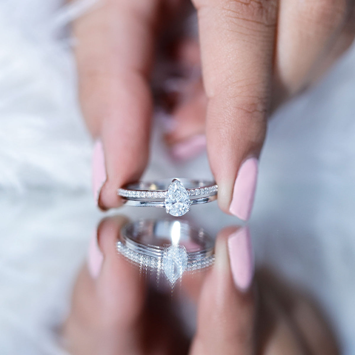 Pear Cut Solitaire Moissanite Double Band Engagement Ring